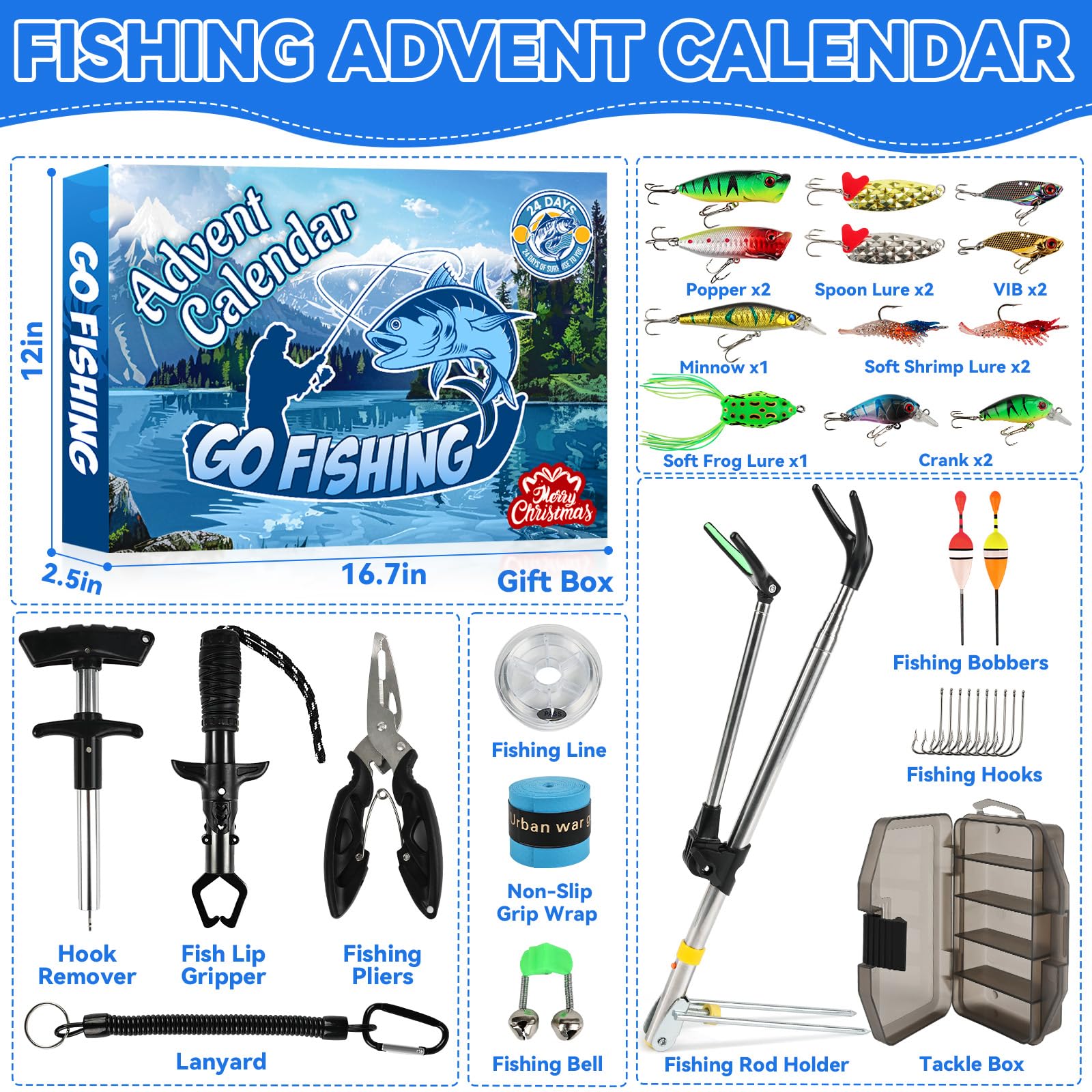 Calendario de Adviento de pesca 2025 para adultos, hombres, adolescentes y niños, kit de accesorios de aparejos de pesca de 24 días, regalos de pesca de cuenta regresiva de Navidad con