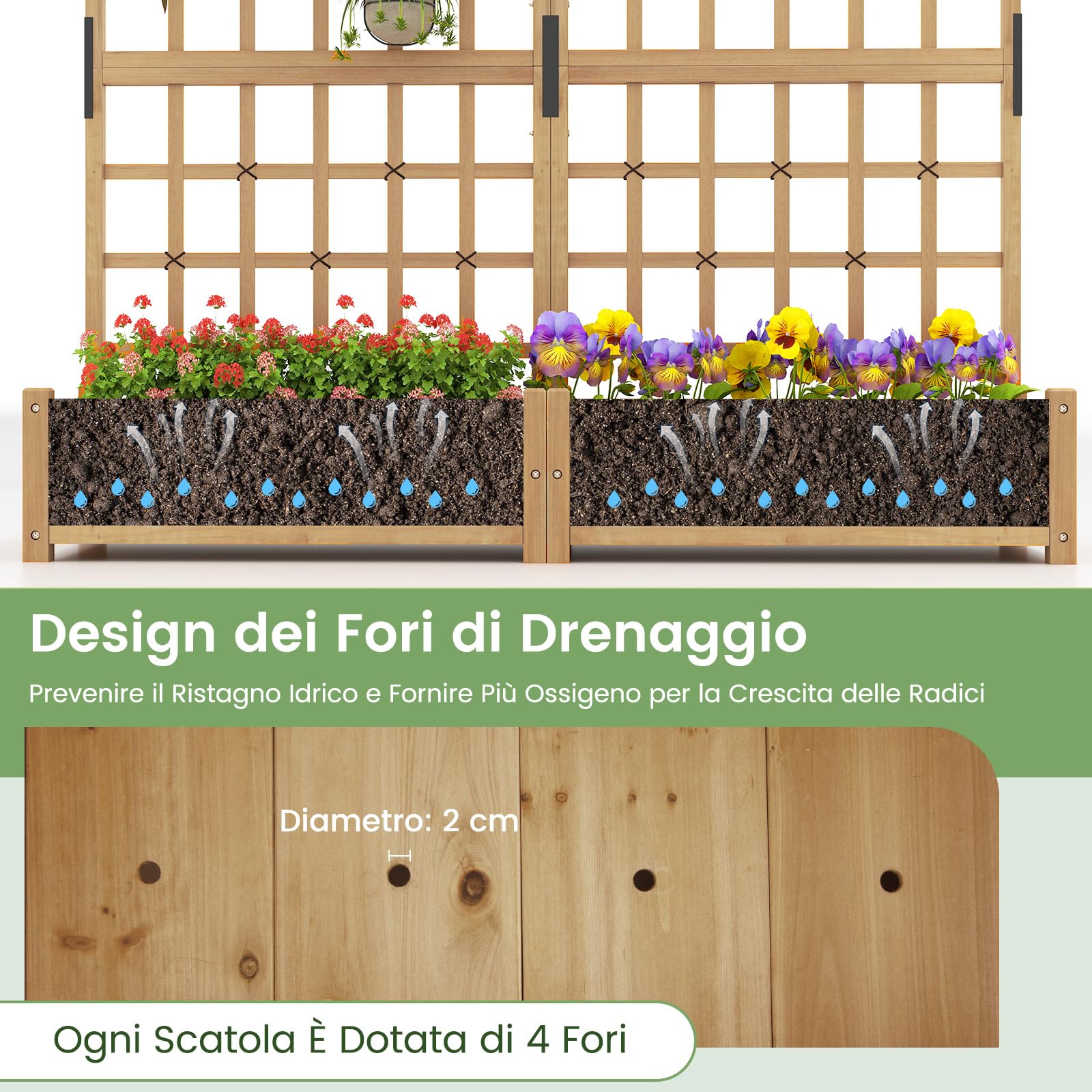 COSTWAY Fioriera in Legno con Traliccoio, Letto da Giardino con Grigliato, Tetto Appeso, 2 Scatole per Piante, 4 Fori di Drenaggio, Aiuola da Giardino Elevata per Piante Rampicanti e Fiori (Naturale)