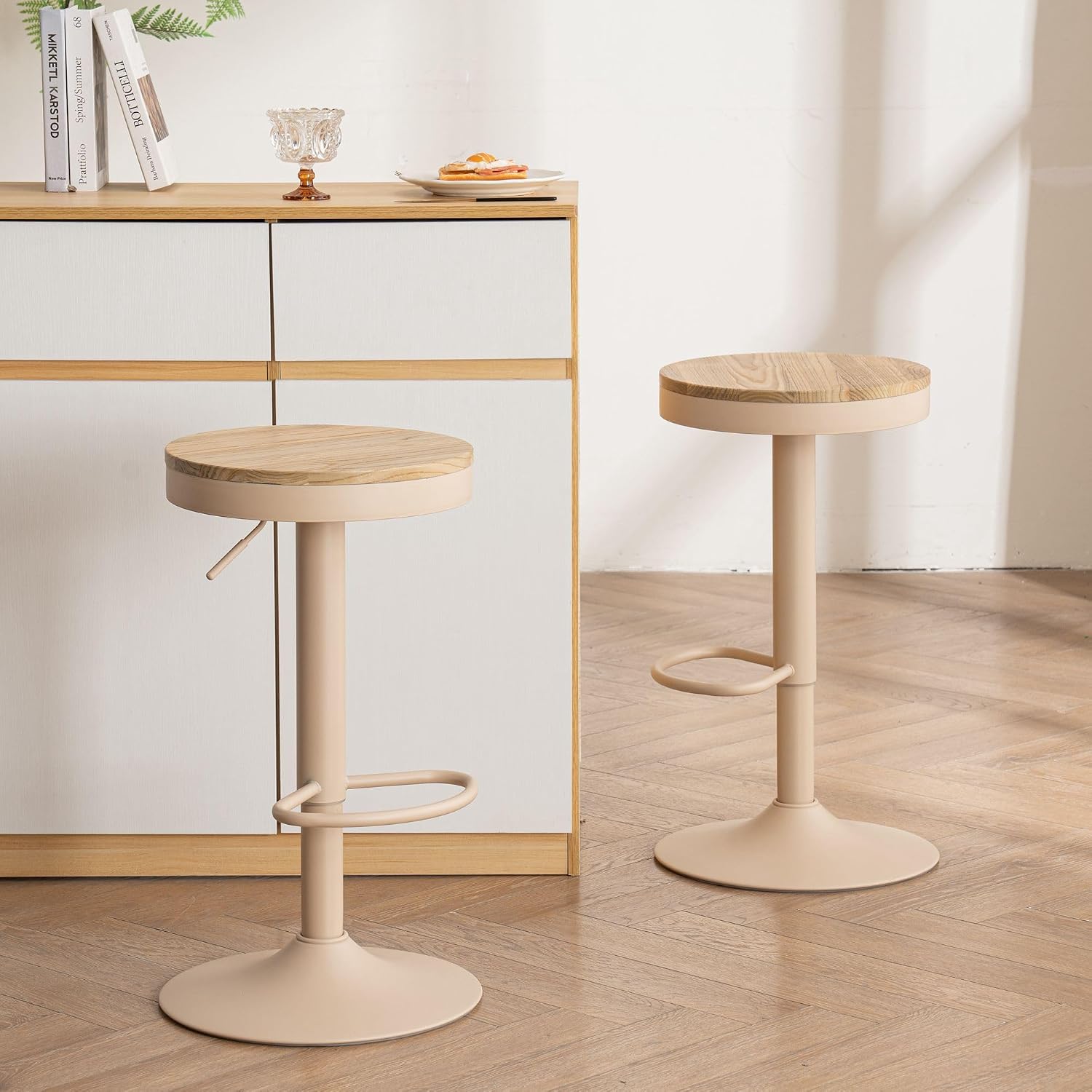 YOUNIKE Bar Stools Set of 2 Wooden Bar Stools Height Adjustable Swivel Counter Stools Kitchen Stool Height Bar Chairs with Footrest for Bar Kitchen Swivel Stool Made of Solid Wood Metal Khaki Pink