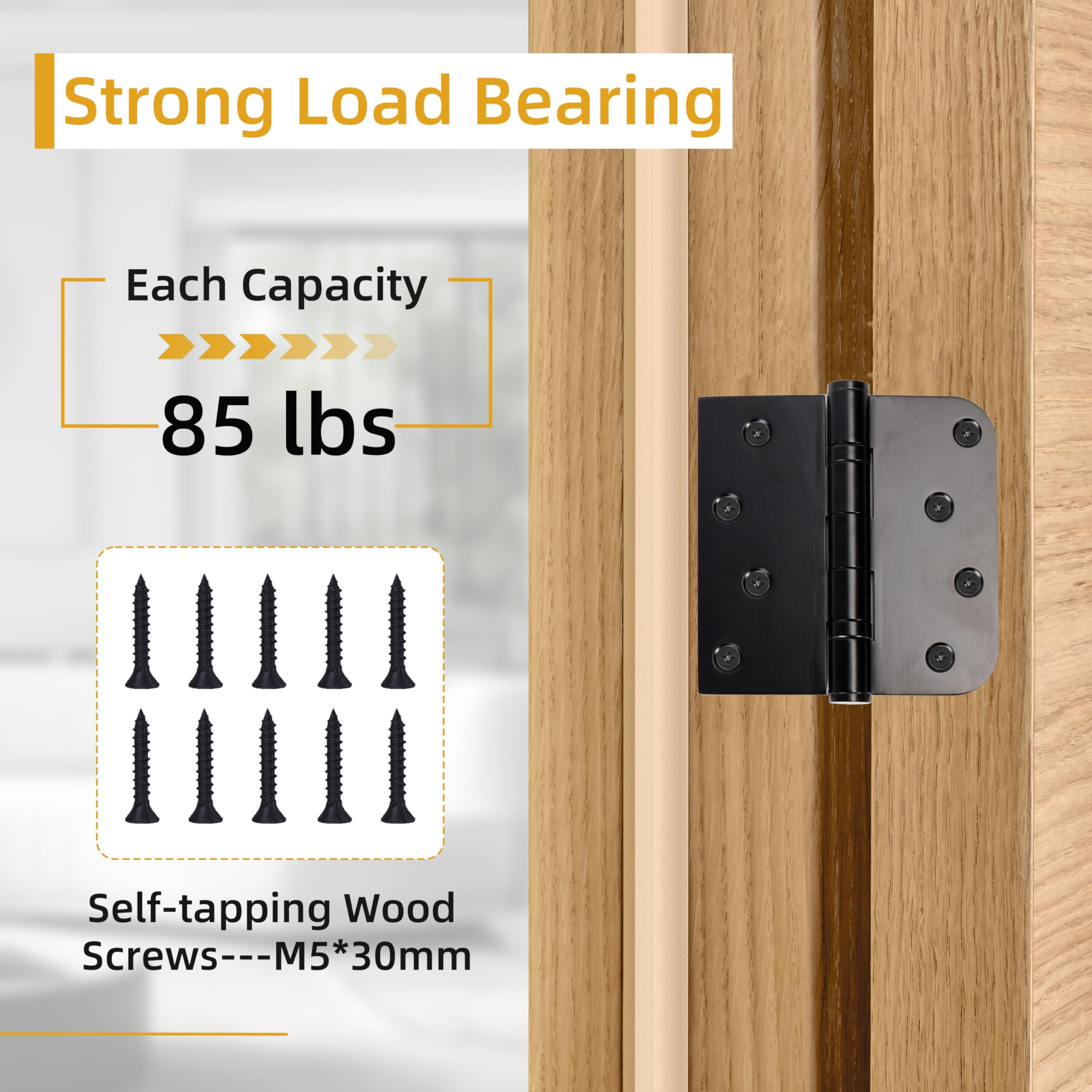Paquete de 6 bisagras de puerta resistentes de 4 x 4 pulgadas, bisagra cuadrada de acero inoxidable extraíble con esquinas de radio de 5/8 pulgadas, accesorios de puerta exterior e interior para