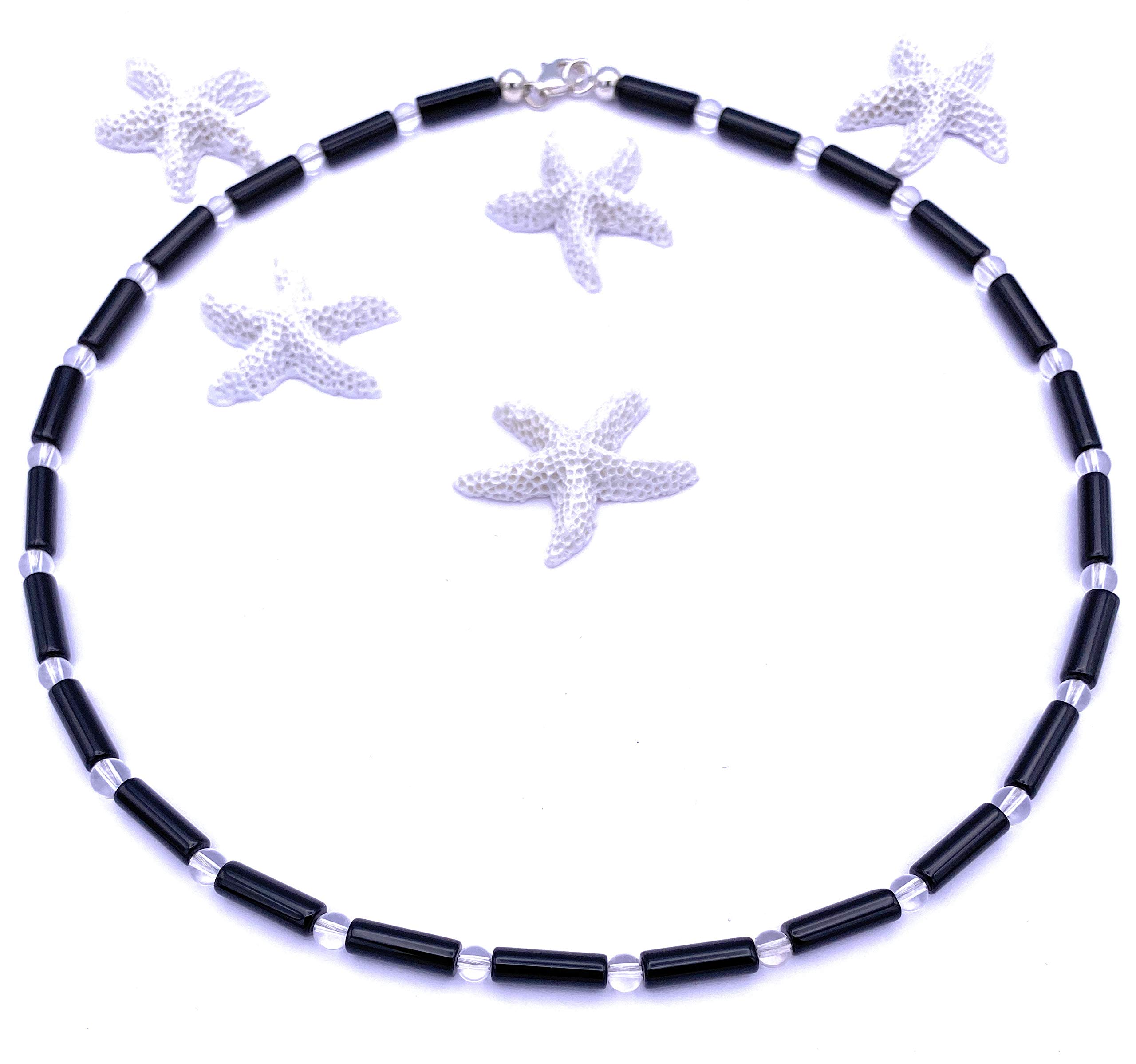 Onyx Halskette Onyx Walzen und Bergkristall Kugeln im Wechsel Verschluss 925er Sterling-Silber