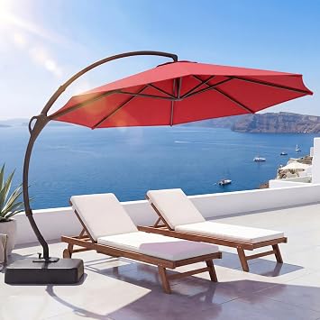 LAUSAINT HOME 11FT Cantilever Patio Umbrella with Base, 360 Rotation Offset Hanging Umbrella, Heavy Duty Curvy Outdoor Umbrella for Backyard, Poolside, Garden Red