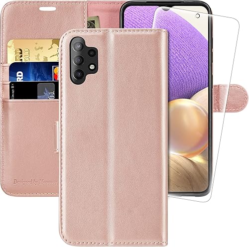 MONASAY Funda tipo cartera compatible con Galaxy A32 5G, protector de pantalla de vidrio incluido, bloqueo RFID, funda de piel con tapa para