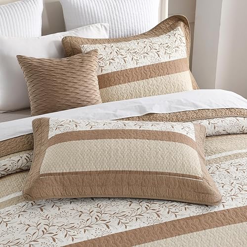 Miniatura 8 de Finlonte Juego de edredones de tamaño Queen, diseño floral de retazos reales azul y gris, a cuadros, 100% algodón, reversible, ligero, suave, juego