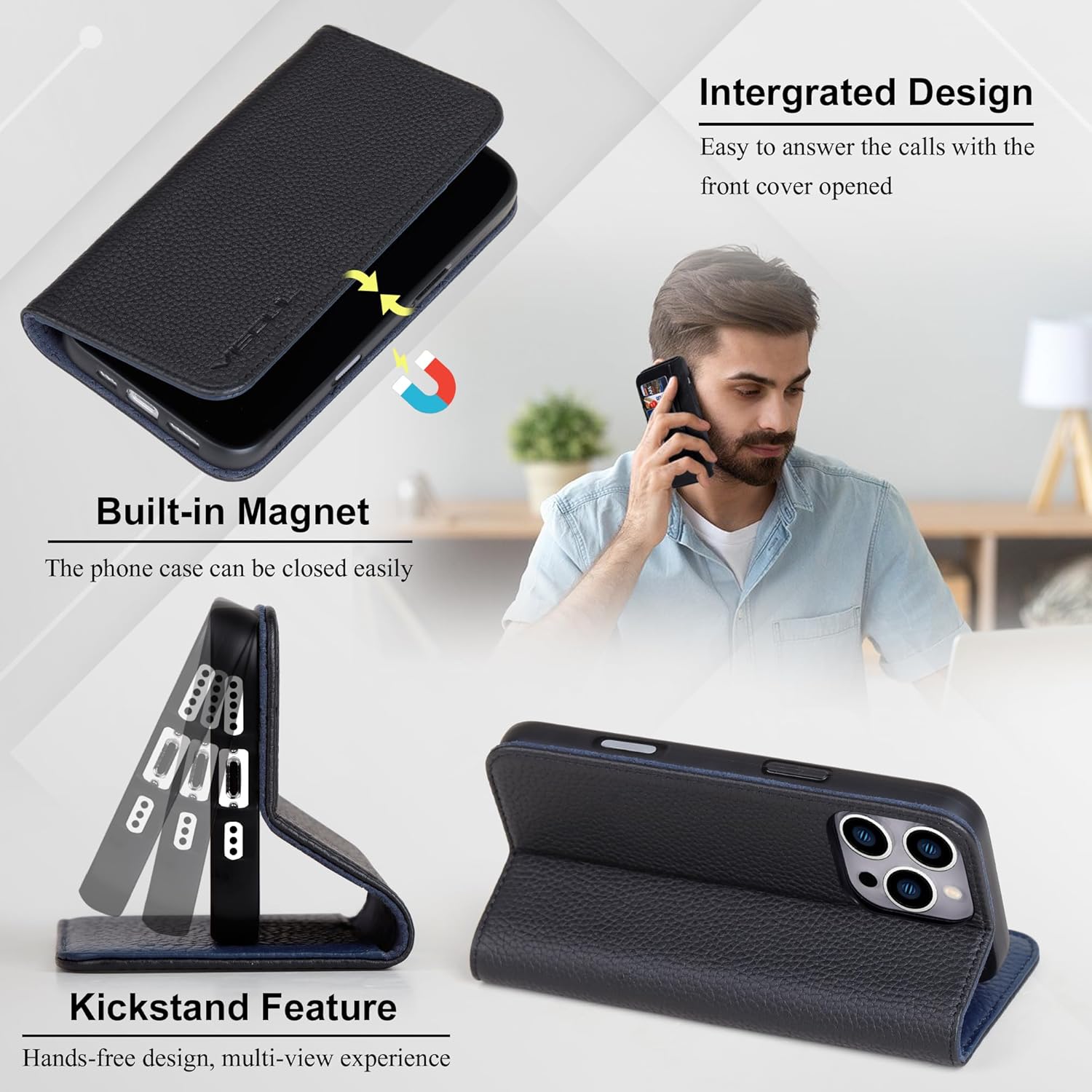 VISOUL Pebbled Real Leather Wallet Case for iPhone 16 Pro with Card Holders and Kickstand - Shockproof Folio Case - Black+Blue