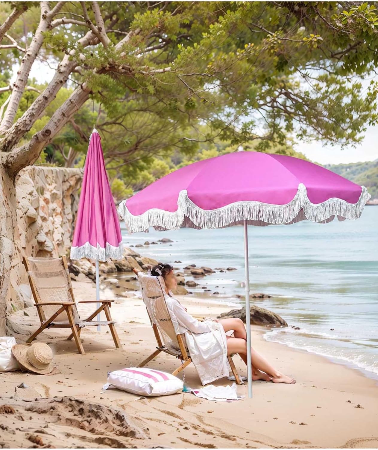 Beach Boho Umbrella With Fringe 6.5ft Pink Patio Umbrella For Outside Market Table Umbrella Wedding Umbrellas For Sun UPF50+ With Tassel Portable Carry Bag 8 Ribs Adjustable Heights Tilt Waterproof