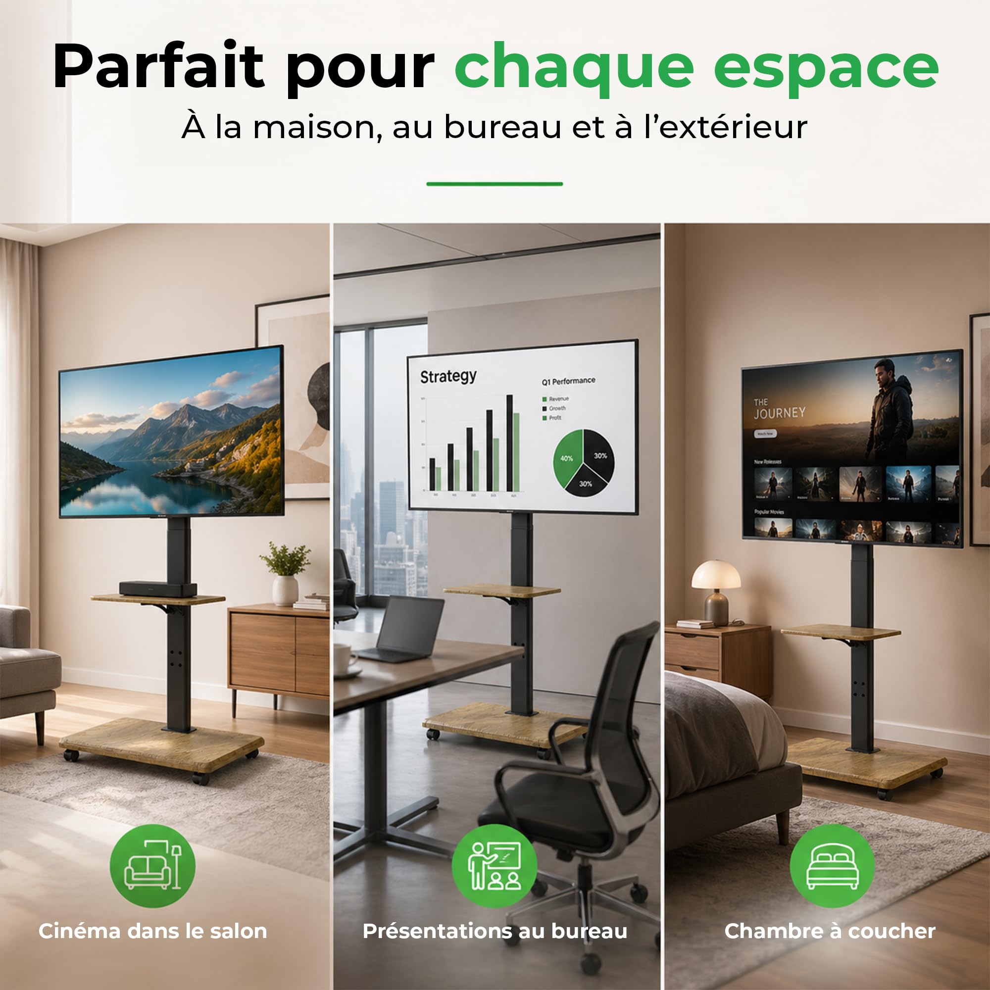 Delphos Support TV Mobile avec Socle en Bois, Meuble TV à roulettes 32-70" jusqu'à 45 kg, Chariot Meuble TV réglable en Hauteur jusqu'à env. 130 cm, Rotatif ±25° Max. VESA 600x400 Blanc
