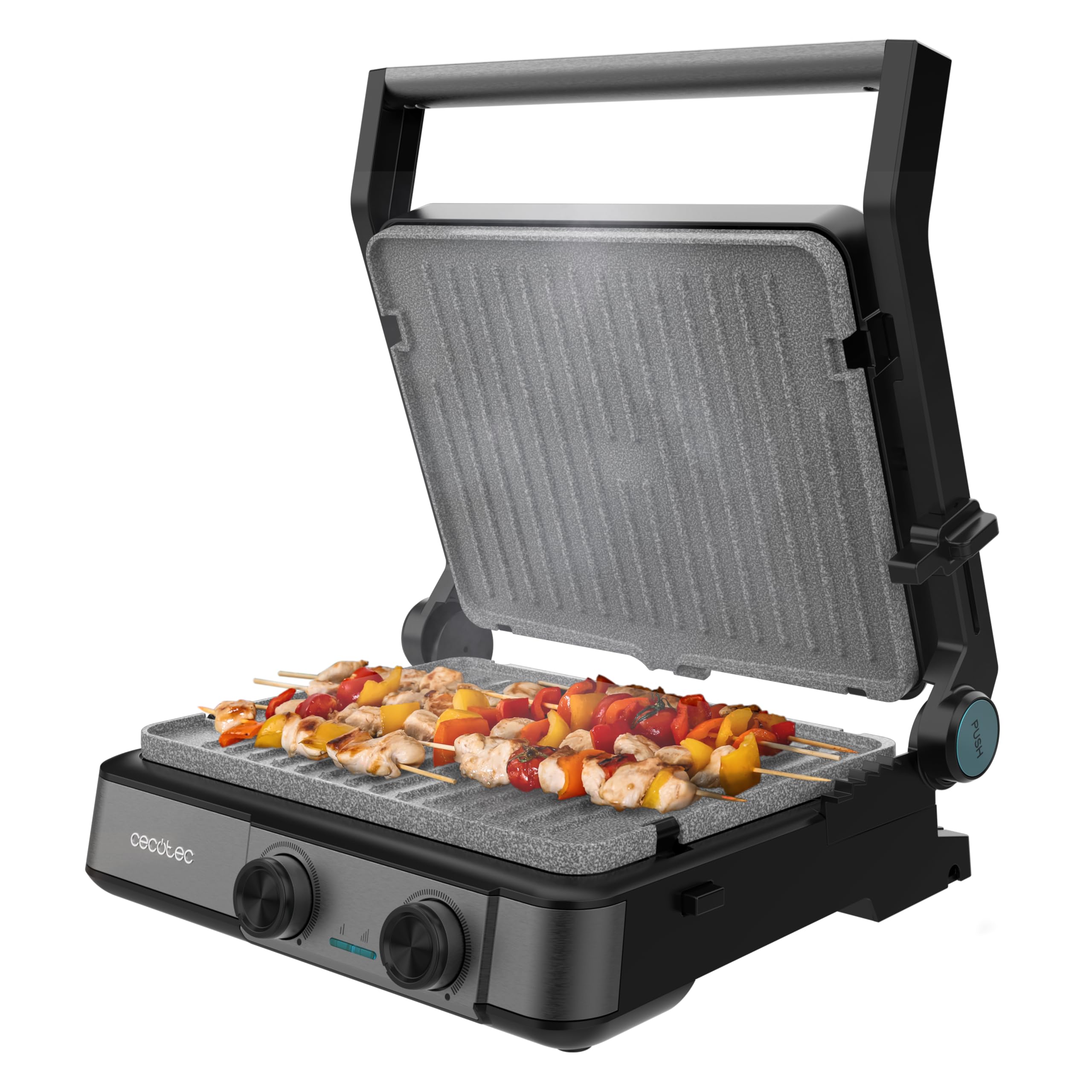 Cecotec Rock'nGrill 2200 Dual Grill elektryczny 2200 W, otwarcie 180°, podwójna temperatura, nieprzywierająca RockStone, odwrócone płyty, zbierające, wskaźnik świetlny, 29 x 23 cm