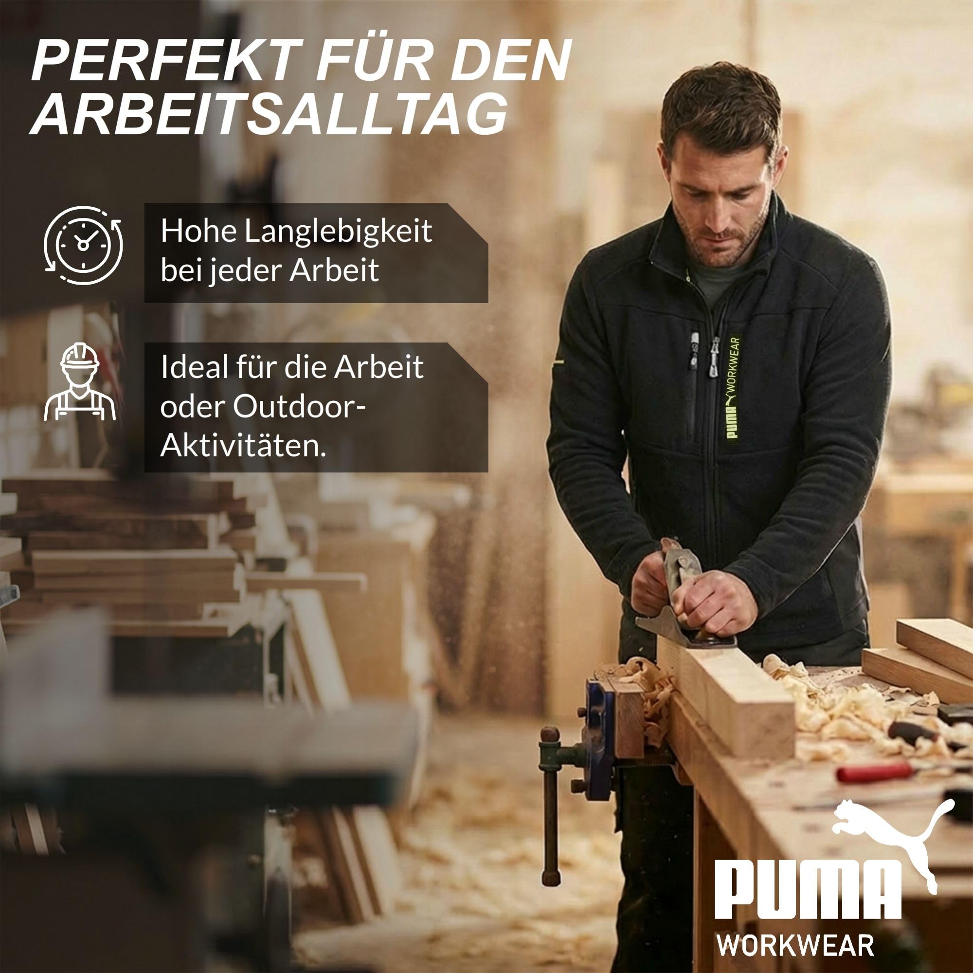 PUMA Workwear Fleecejacke Herren - Stehkragen - Verlängertes Rückenteil - Stifttasche am rechten Oberarm - 6 Taschen - Zwei Brust und Seitentaschen - Zwei große Innentaschen