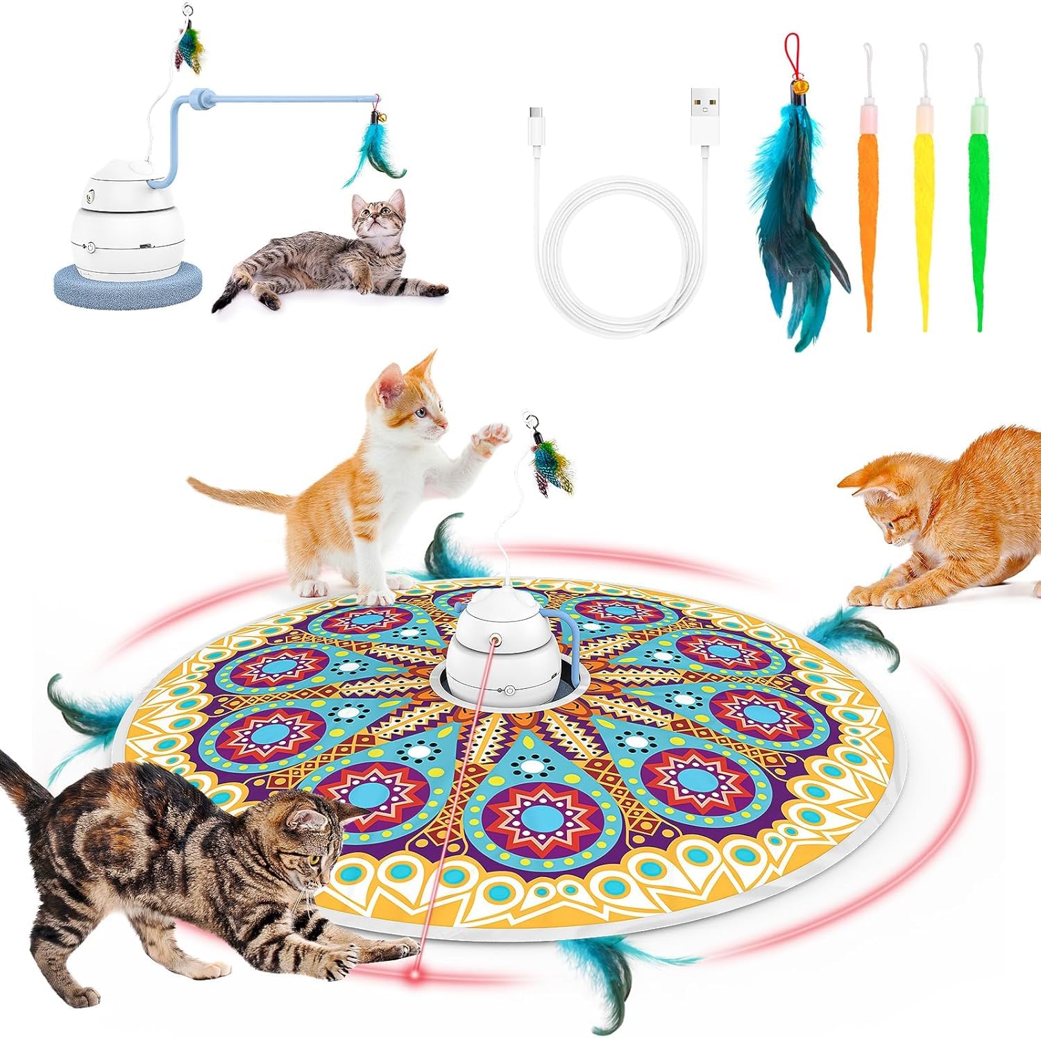 Lopxenu 4-in-1 Interaktive Katzen Spiele, Verbessertes Motor, Automatische Katzenspielzeug - 3 Modi für Innenkatzenspielzeug, Elektronisches Katzenfederküchen Spielzeug (Blau)