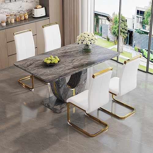 Miniatura 137 de JUFU Juego de mesa de comedor para 6 personas con sillas tapizadas de poliuretano, mesa y sillas de comedor de mármol sintético gris de 63 pulgadas,