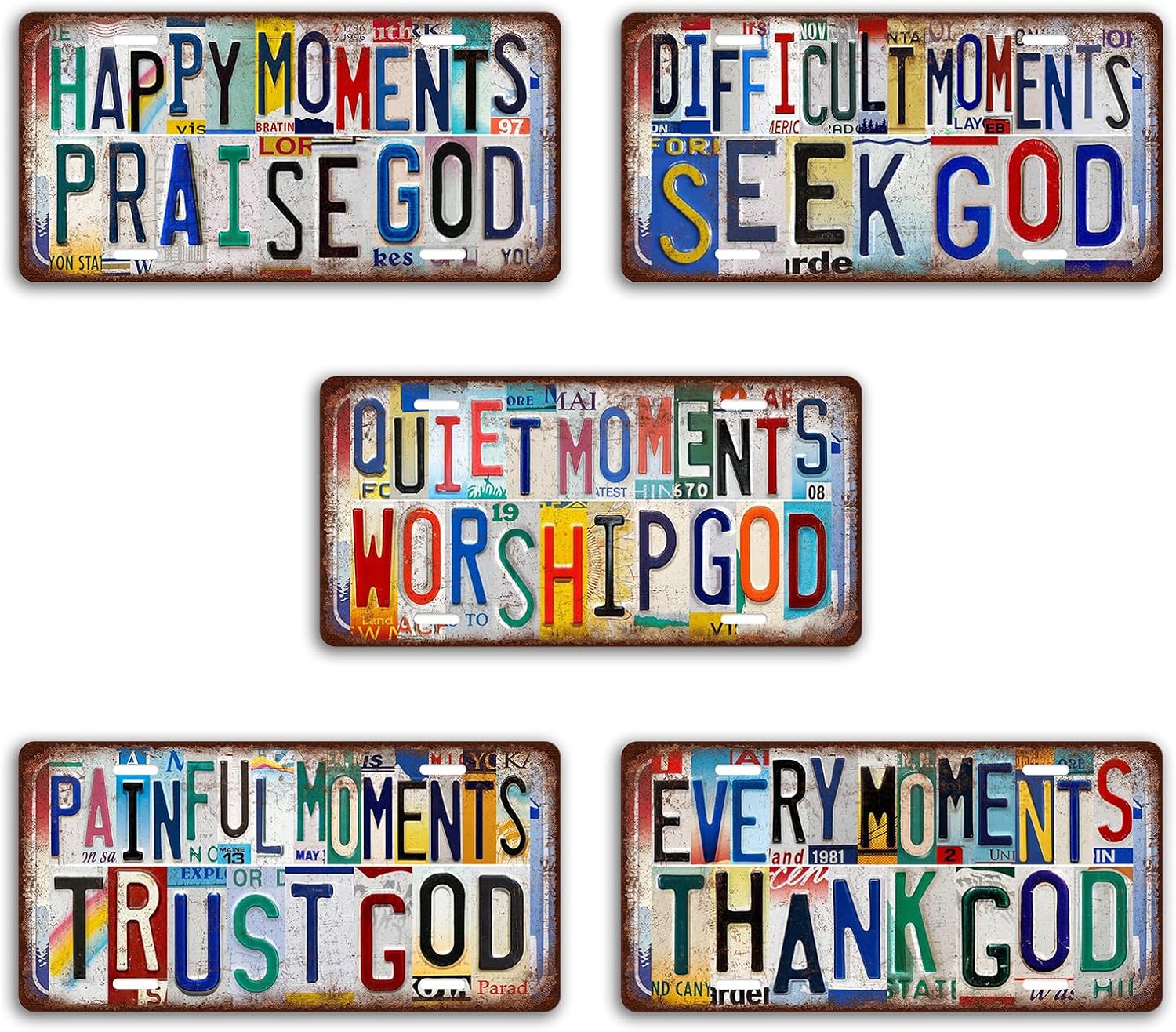 Vintage Wall Decor License Plate Metal Sign Tin Signs Poster - Praise God Seek God Trust God Thank God - 5 PCS