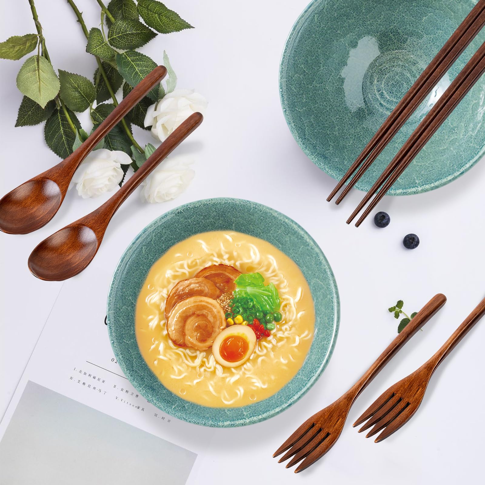 Ramen Schüssel Set 1200 ml Suppenschüssel aus Keramik Bowl Schüssel mit Essstäbchen Löffel und Gabeln Ramen Bowl 20 cm Ramen Schale für Pho-Suppe Spaghetti Salat Müsli (Eisriss Grün)