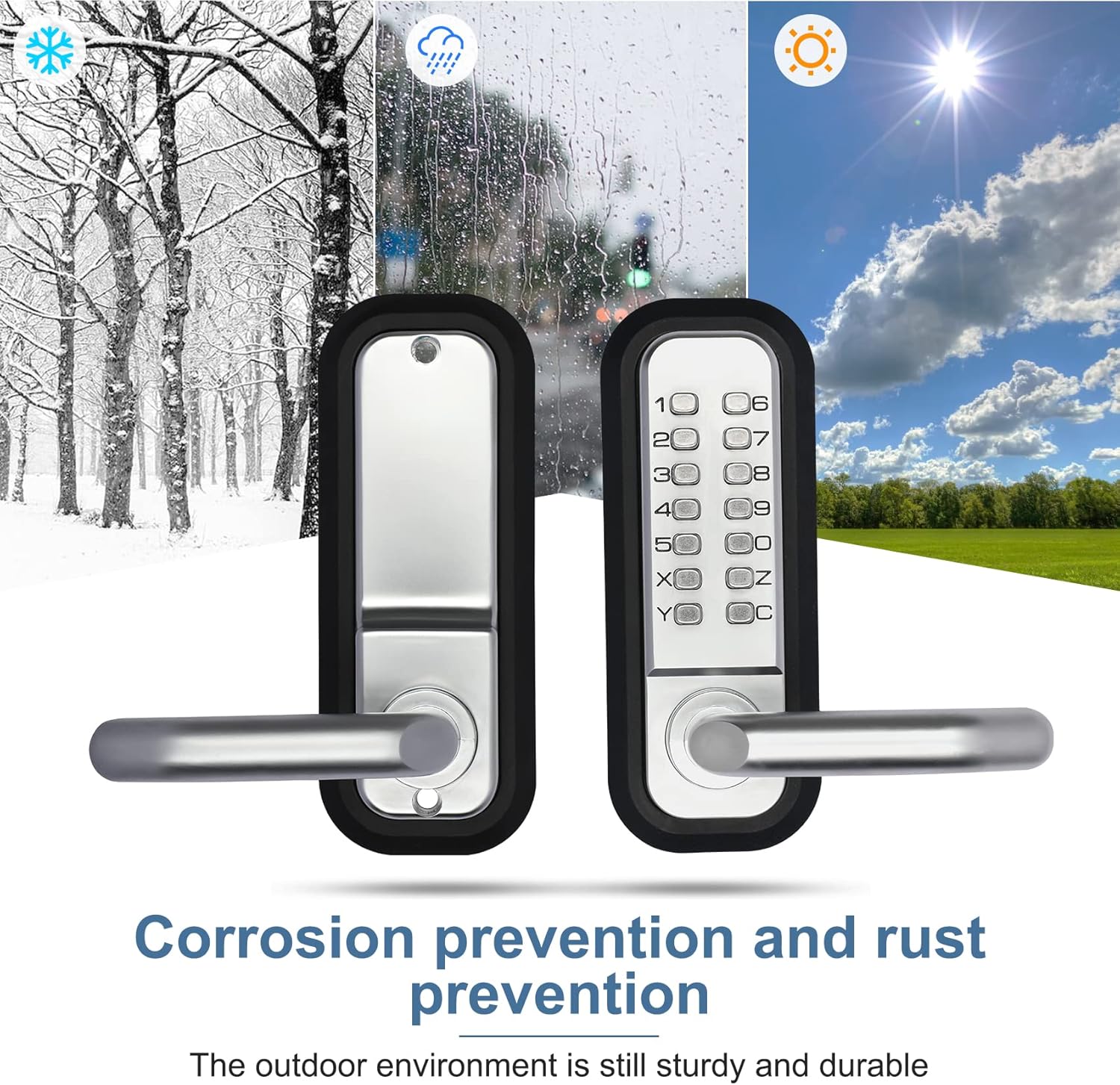 Outdoor Keyless Lock with Adjustable Deadlatch 2-3/8 and 2-3/4,Mechanical Combination Door Lock with Keypad, Sunscreen Waterproof Keyless Gate Locks for Outdoor Fence with Handle (Black)