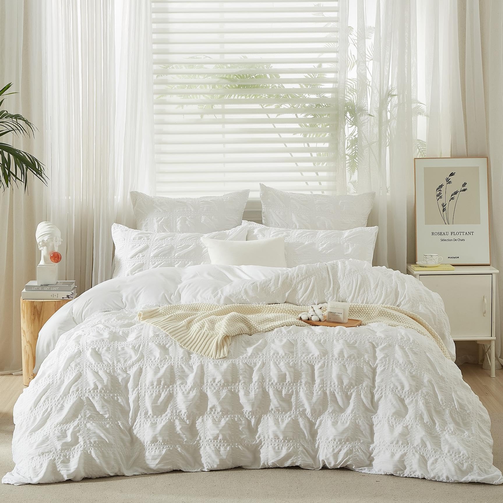Ropa de cama a cuadros moderna en blanco, juego de 3 piezas tamaño Queen con cremallera, 2 fundas de almohada de 80 x 80 cm, microfibra, seersucker, transpirable, 1 unidad