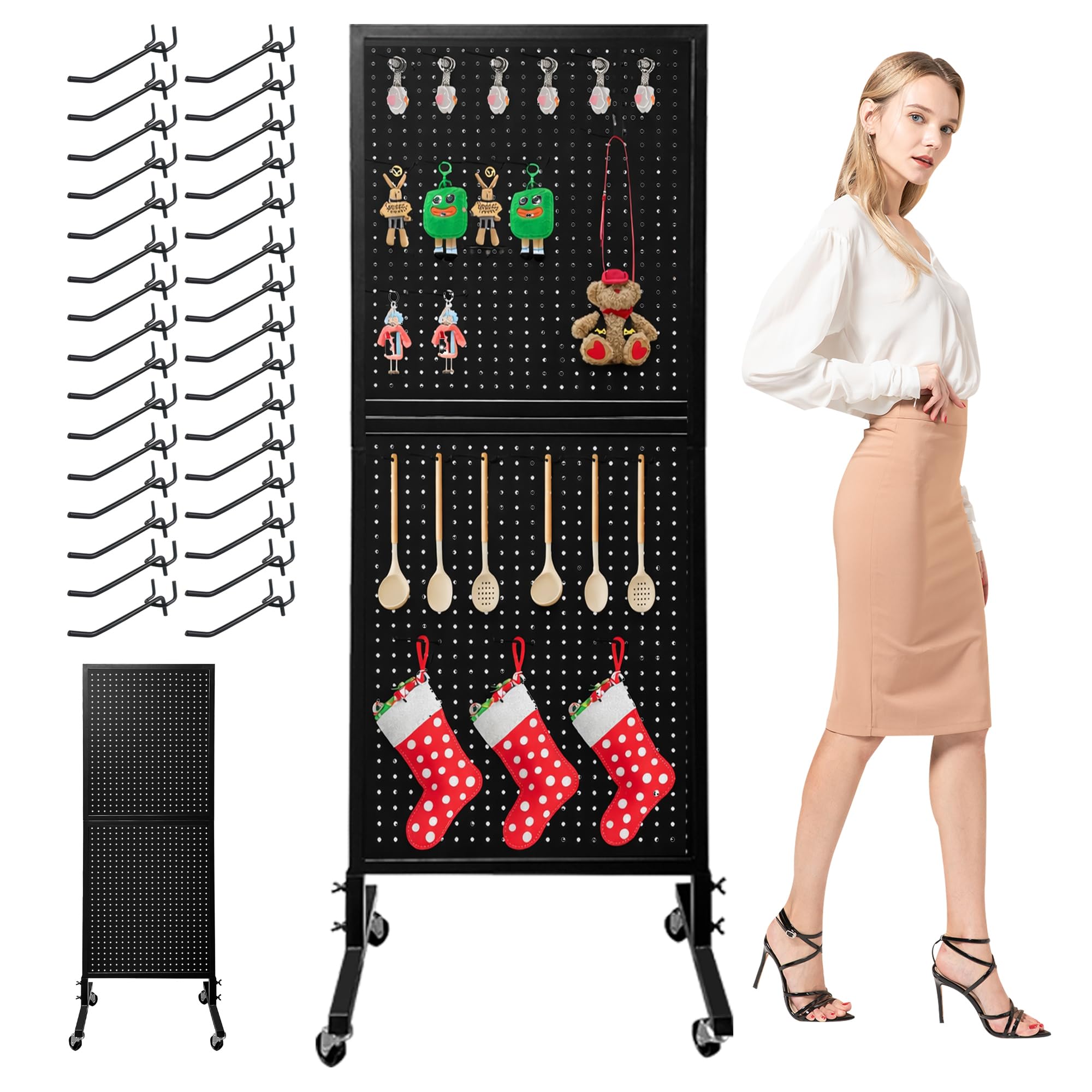 Royxen Standing Pegboard Display with T-Base, 2 x 5 Feet Metal Pegboard Display Stand with 30 Hooks, Peg Board Panels with Wheels for Vendors, Home and Retail Store (Black)