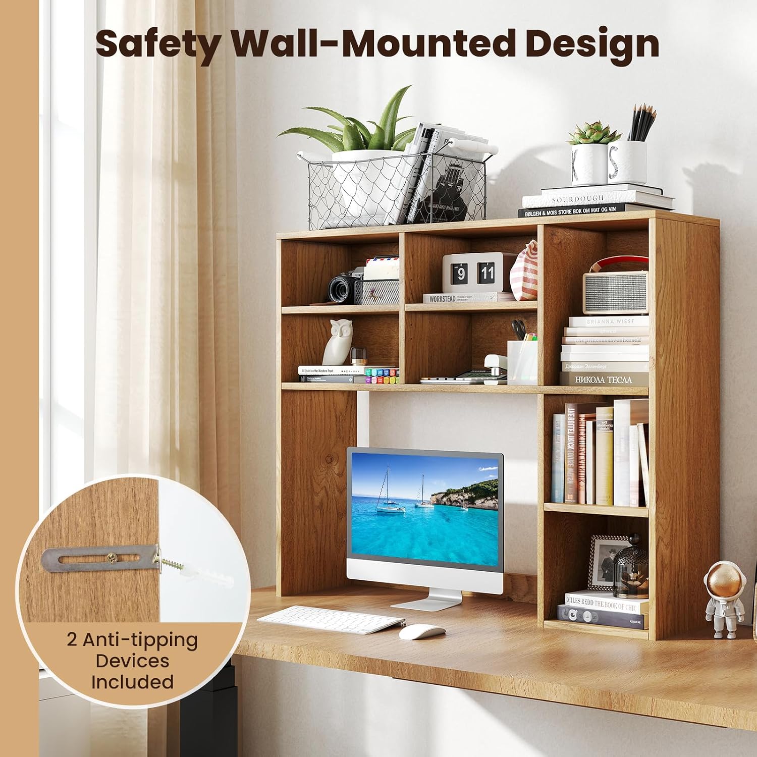 Giantex Desktop Bookshelf, Desk Hutch Dorm w/ 7 Cubes & 3 Adjustable Shelves, Desk Shelf for Up to 27" Computer Monitors, Wooden Desktop Storage Organizer for Dorm College Office Homem, Natural