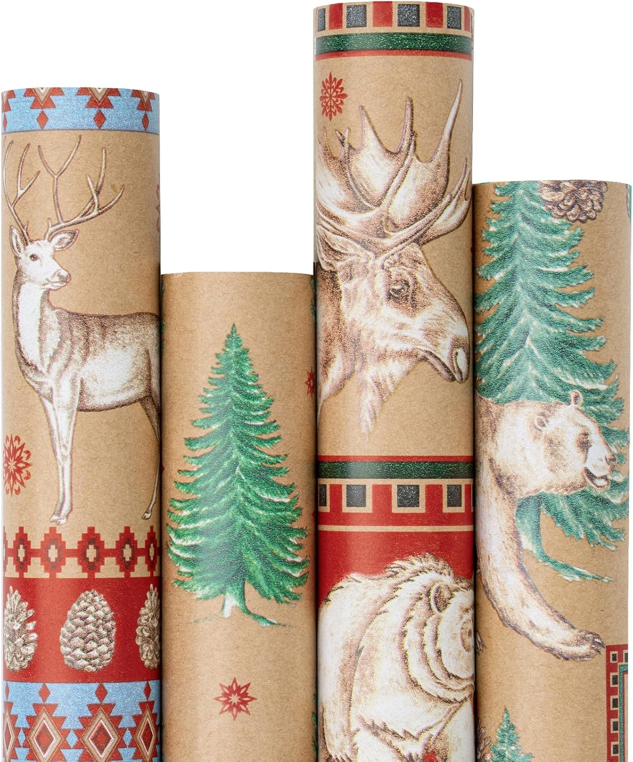 RUSPEPA Christmas Kraft Wrapping Paper Roll - Red Reindeer, Snowflake, Christmas Tree And Text Design - 17 Inches X 10 Feet Per Roll, Total Of 4 Rolls