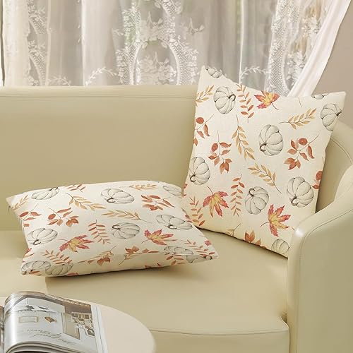Miniatura 5 de Juego de 2 fundas de almohada de otoño de 22 x 22 pulgadas, diseño de calabaza y hoja de arce, fundas de almohada decorativas de lino para otoño,