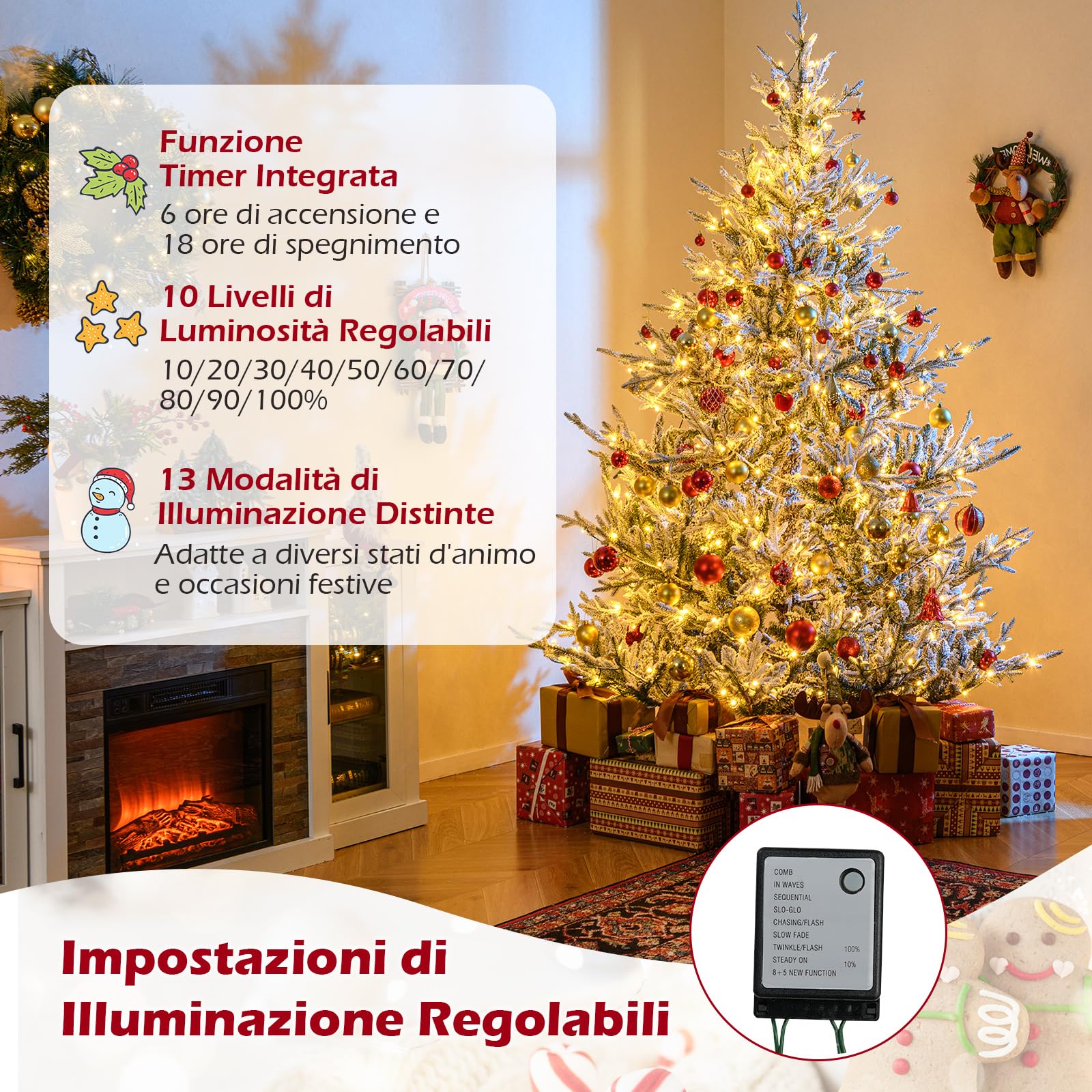 COSTWAY Albero Di Natale Innevato Con Luci LED 180 Cm - 1415 Punte, PE/PVC, Base Metallica - Pre-illuminato, Bianco Caldo