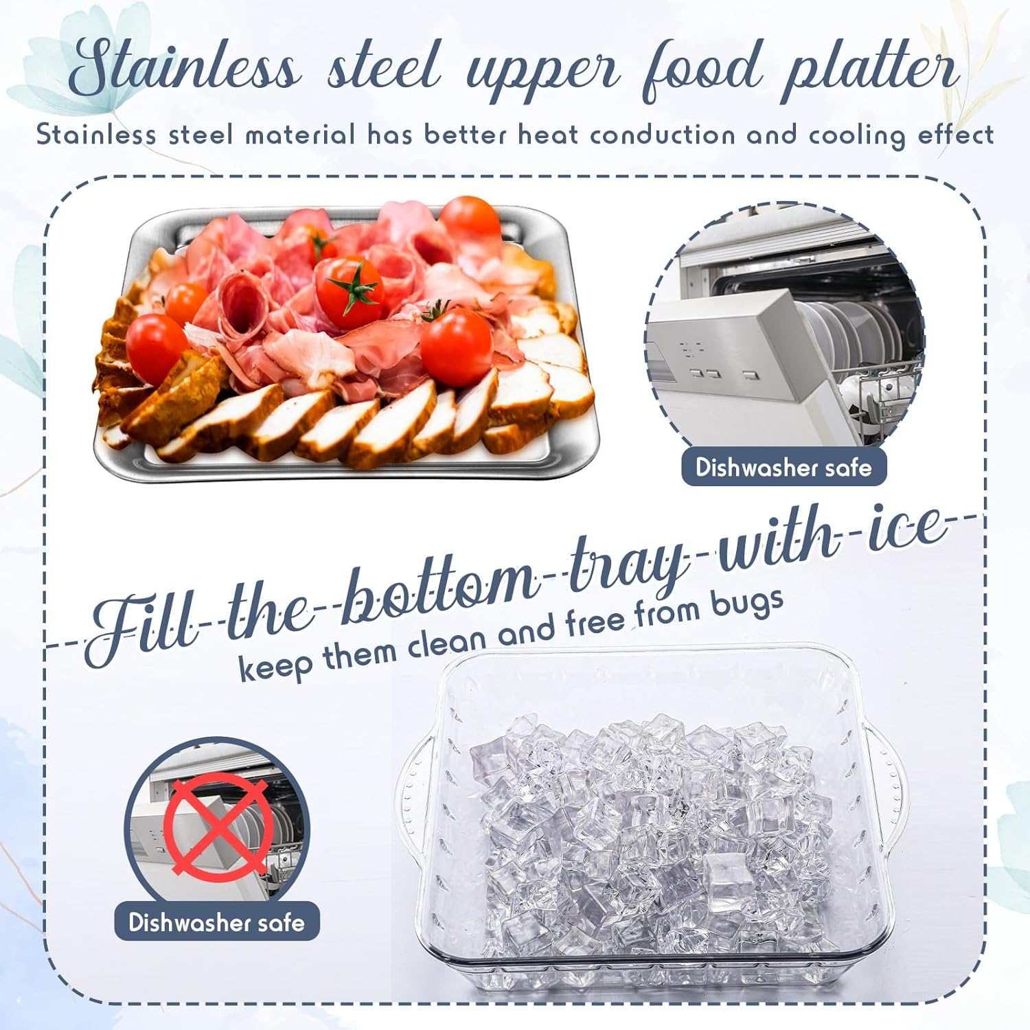 Baderke 4 Set 9" Chilled Serving Tray for Parties with Compartments Ice Chilled Party Platter Charcuterie Serving Board Cold Dish Dip with Forks Tongs for Fruit Seafood Vegetable Appetizer(Silver)