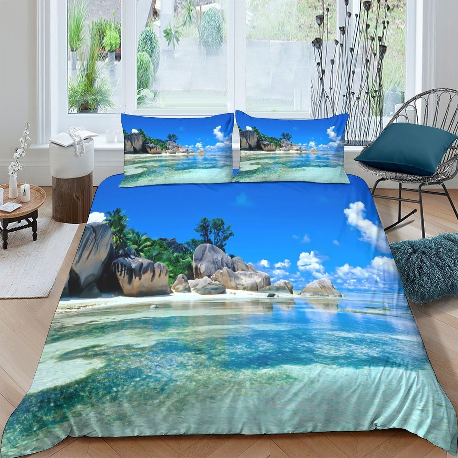Ctjqhvkz Style-1 3D Printed Ocean Beach View Fitted Sheet Microfiber Soft Breathable Tropical Landscape Bed Cover For Bedroom Guestroom Decor Single（135X200cm）