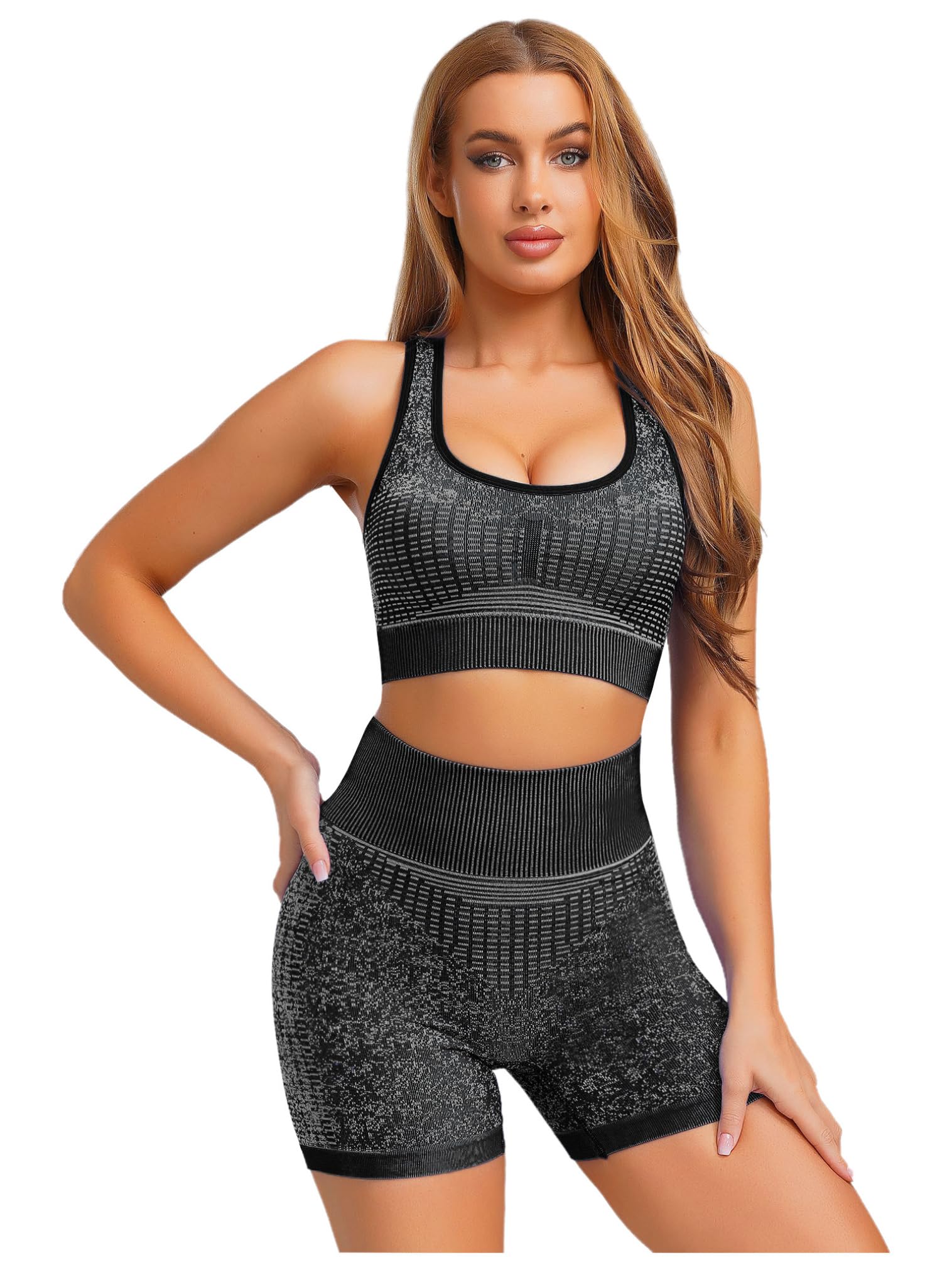 FEESHOW Womens Pcs Workout Set Gym Yoga Outfits Padded Sleeveless Sports Bra with Shorts Casual Tracksuit