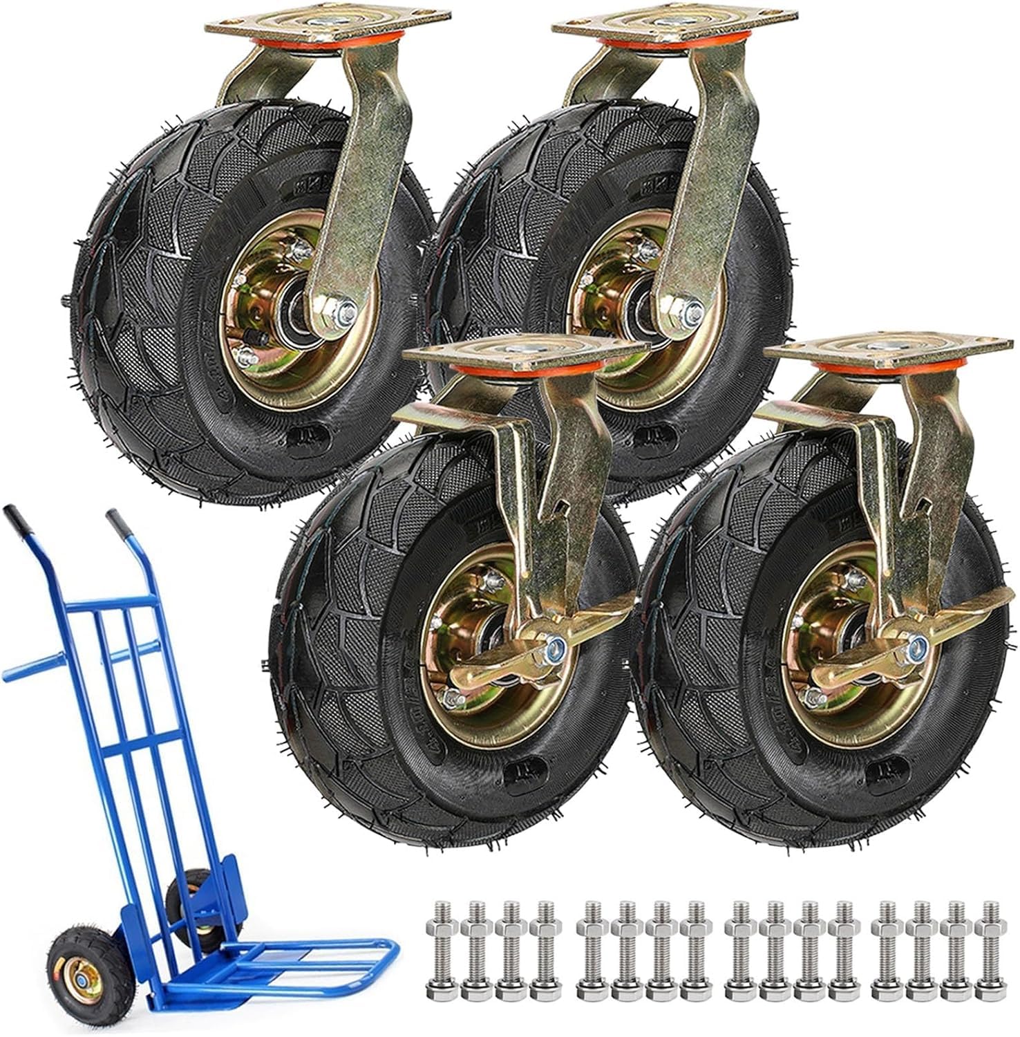 GBRJUYF HeavyDuty Swivel Caster Wheels 8'' & 10''4Pack Industrial AirFilled Tires with Double Ball Bearings Brake for Workbench & Equipment 200mm/8inch
