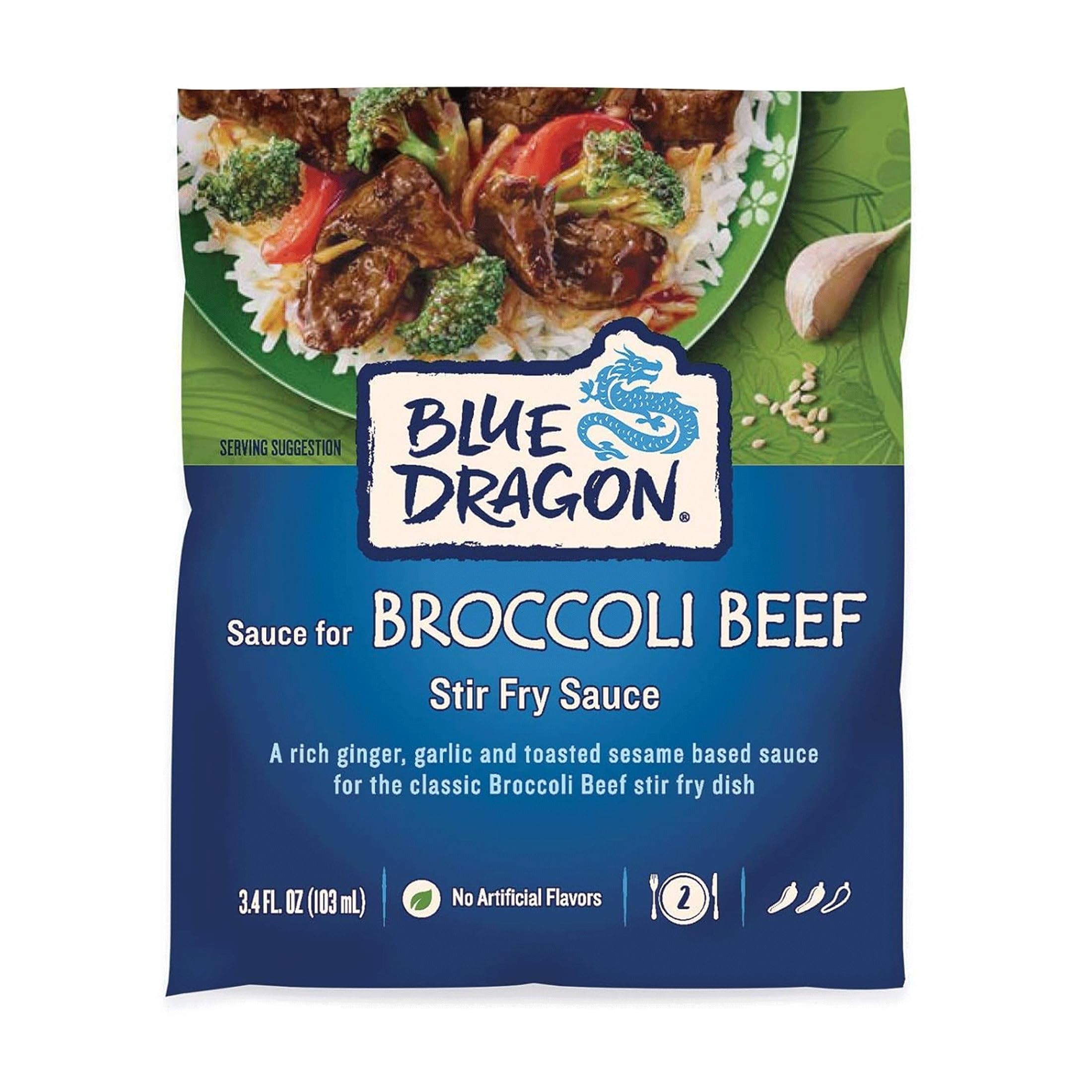 Blue Dragon Broccoli Beef Stir Fry Sauce - 3.4oz Pouch (Pack of 1) - Rich Ginger, Garlic and Toasted Sesame Based Sauce for Beef and Broccoli Dish - No Artificial Flavors - Ready-to-Use Asian Sauce