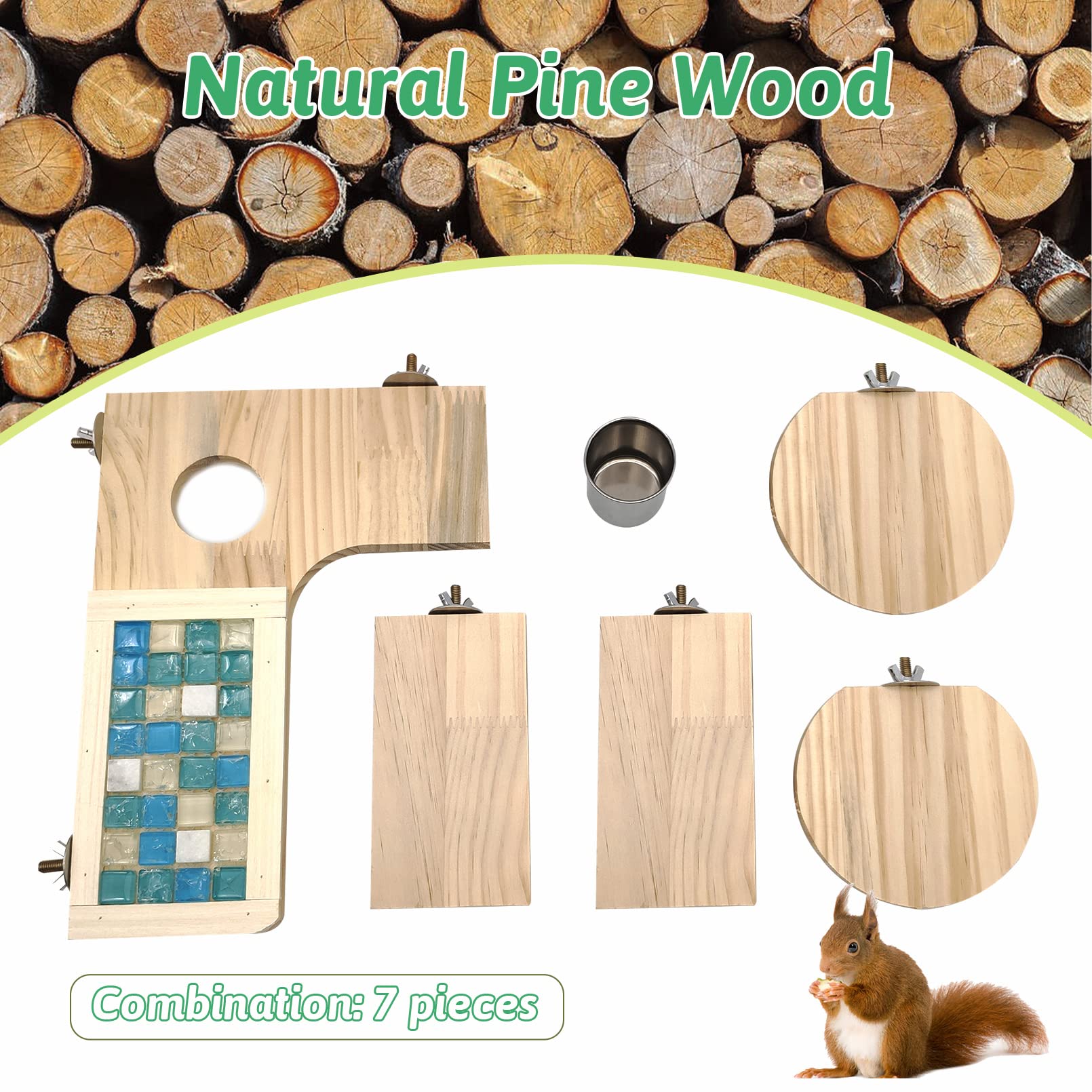 BNOSDM 7-teiliges Hamster-Holzplattform-Set für Hamster, L-förmiges rundes Loch, Pedal, Holz, Stehplattform, Ratten, Aktivitätsspielzeug, Käfigzubehör für Rennmäuse, Chinchilla, Papagei, Eichhörnchen