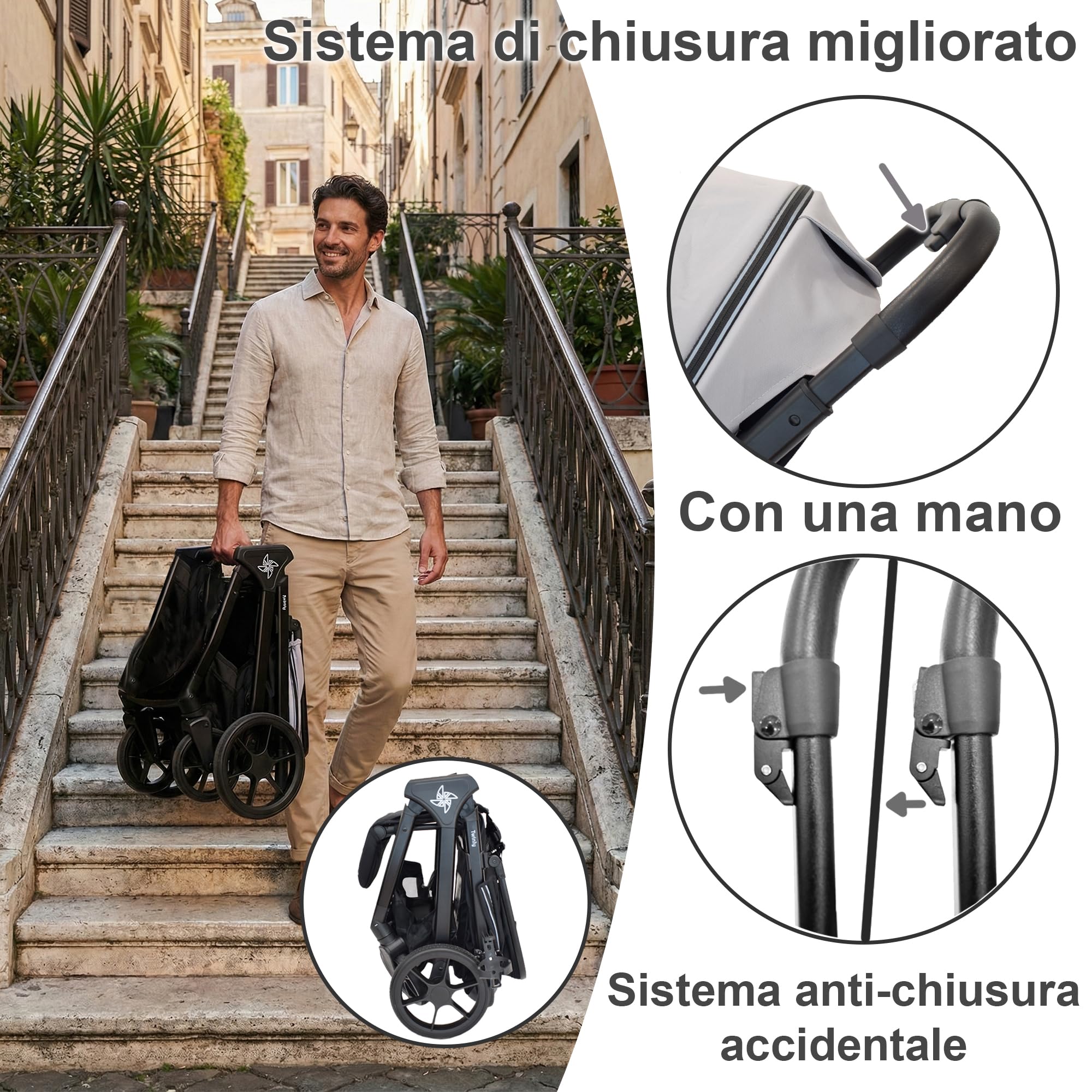 Passeggino Leggero 25 kg Portata, Pieghevole ad una Mano, Seduta Ampia, Ruote Grandi Ammortizzate, Cappottina XXL e Parapioggia Nero
