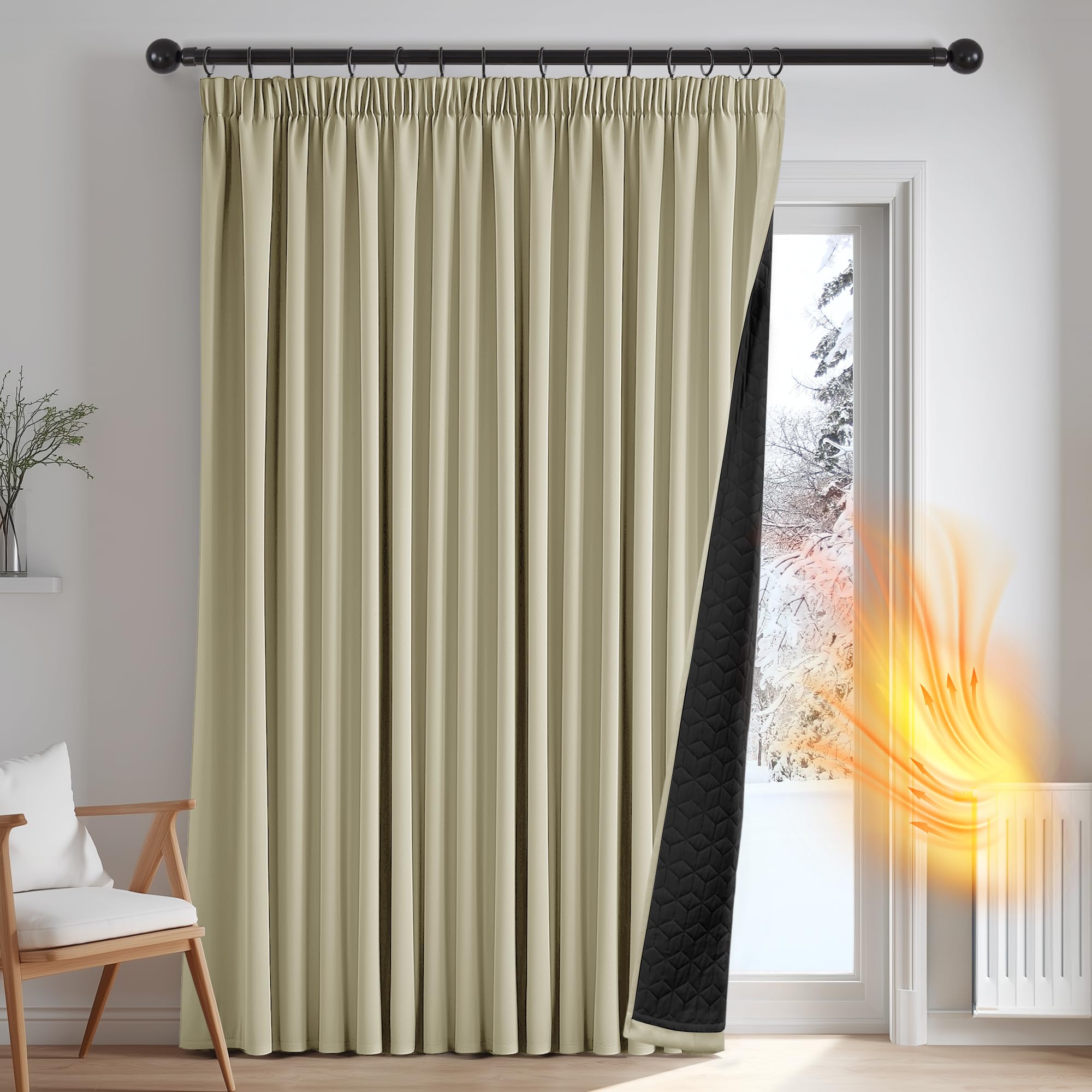 Deconovo Blackout Curtain Thermal Insulated, Pencil Pleat Door Curtain with Thick Microfiber Lining, Home Decorative Energy Saving Window Panel for Living Room, W110 x L63 Inch, Beige, 1 Panel — image 1