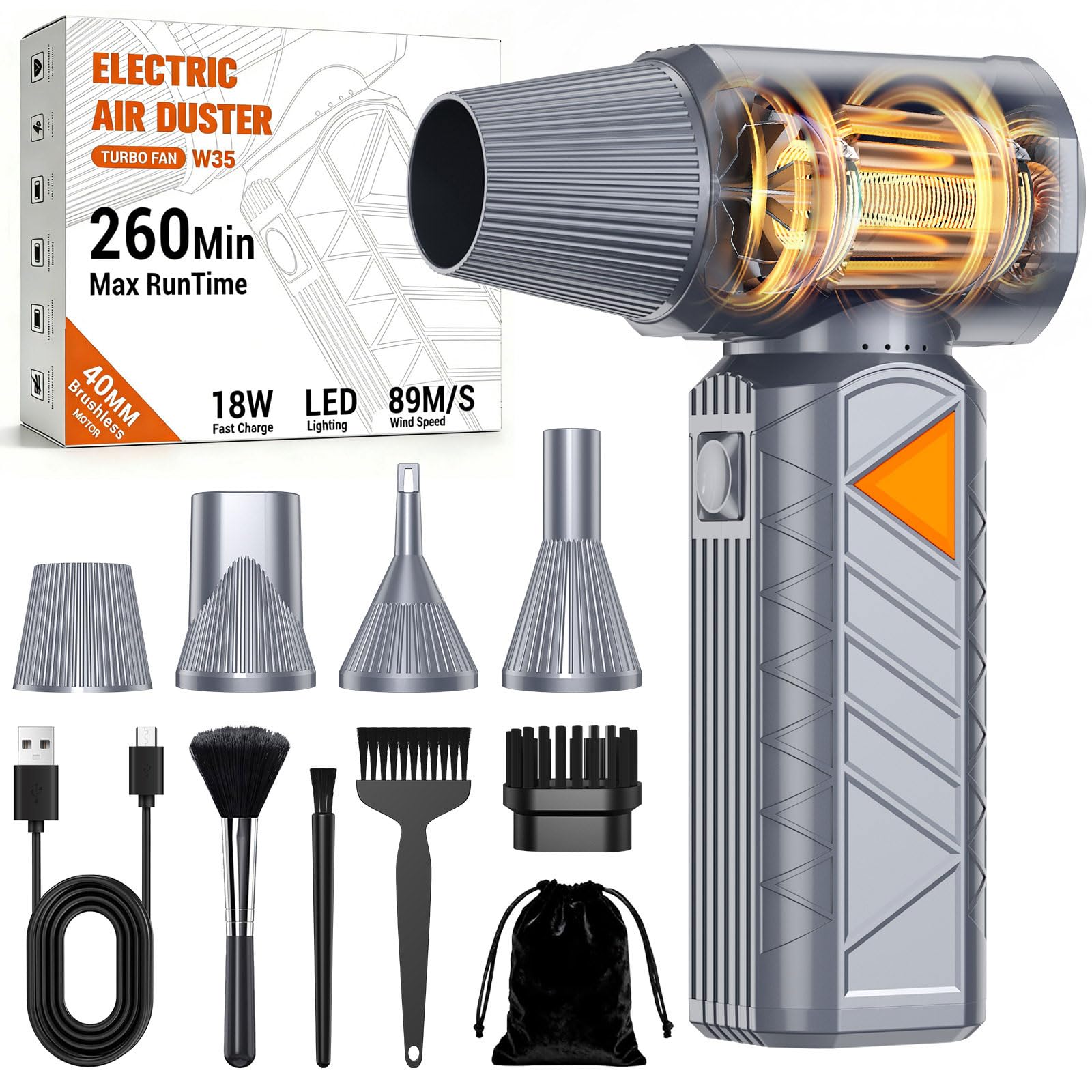 BOBYE Compressed Air Duster, 350W High-Powered Electric Air Duster with 180,000 RPM, Extended Runtime, 10000 mAh Battery, Mini Blower & Air Duster Rechargeable for Keyboard, PC, Car, Home, Outdoor