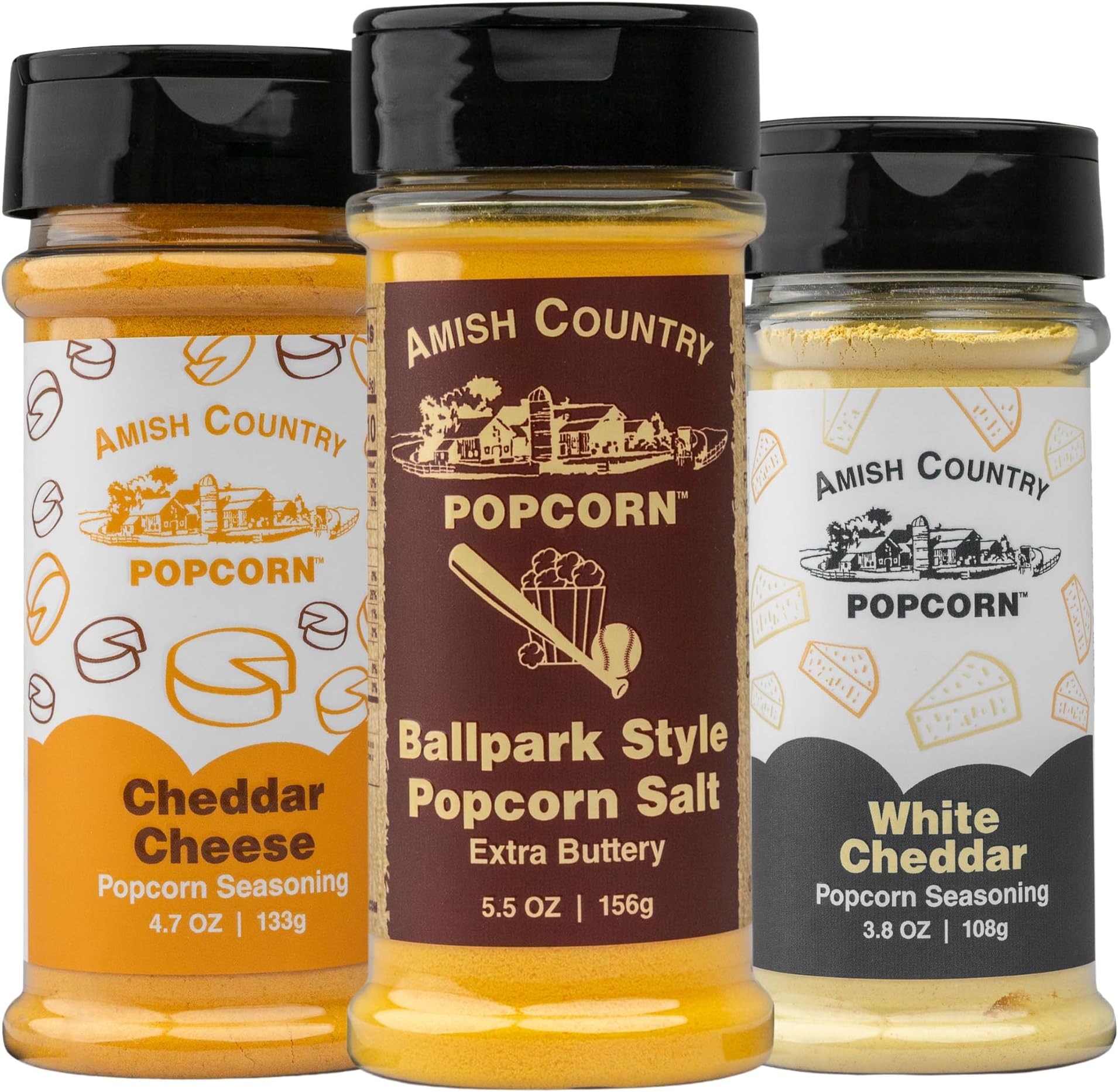 Amish Country Popcorn | BallPark Style Buttersalt - 5.5 oz, Cheddar Cheese - 4.7 oz & White Cheddar Cheese - 3.8 oz Popcorn Seasoning | Old Fashioned, Non-GMO