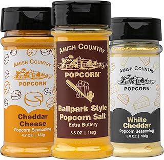 Amish Country Popcorn | BallPark Style Buttersalt - 5.5 oz, Cheddar Cheese - 4.7 oz & White Cheddar Cheese - 3.8 oz Popcorn Seasoning | Old Fashioned, Non-GMO and Gluten Free