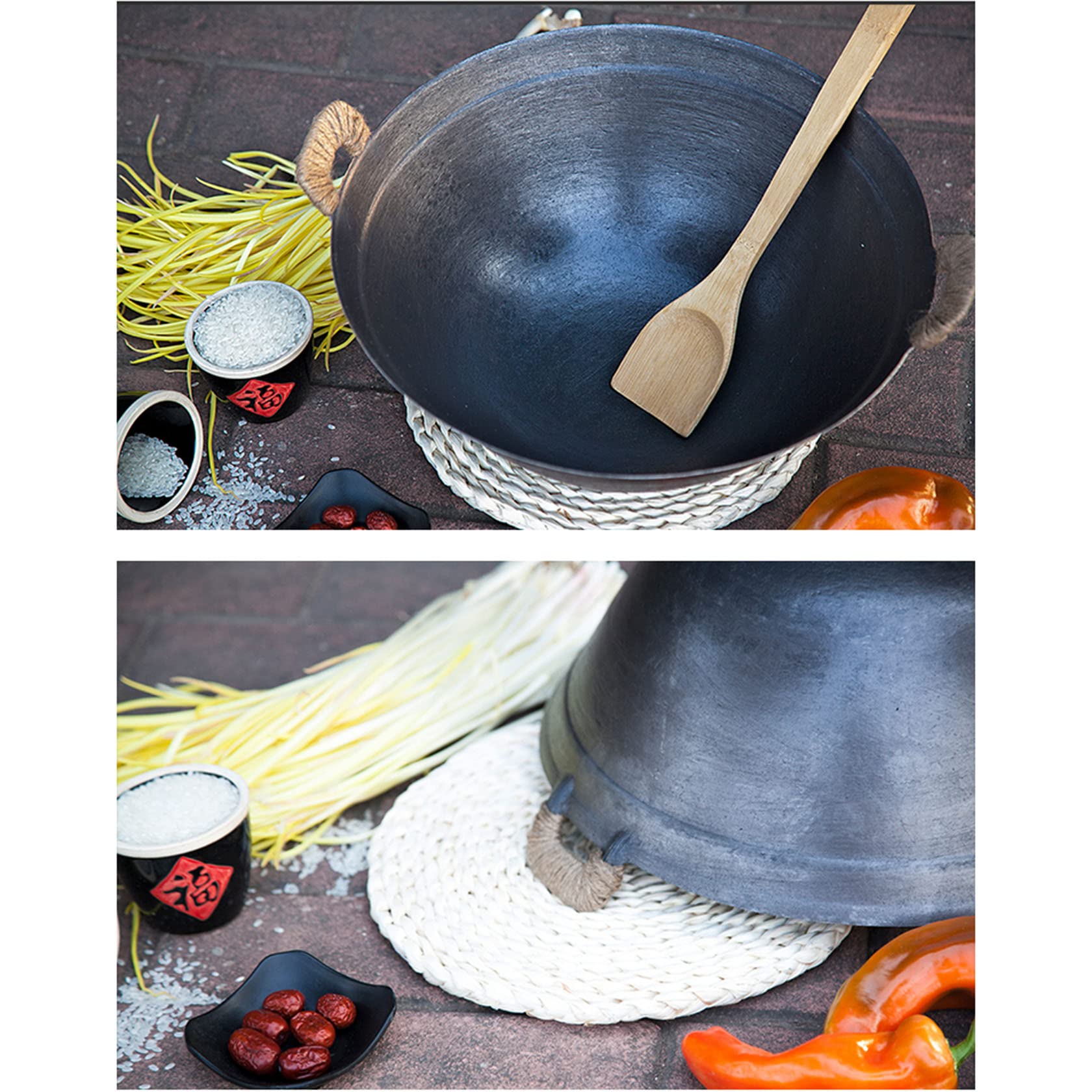 Żeliwna patelnia, żeliwna patelnia z podwójnymi uszami, tradycyjny staromodny wok żelazny, ręcznie nawijany uchwyt liny konopnej, 32 cm, 32 cm