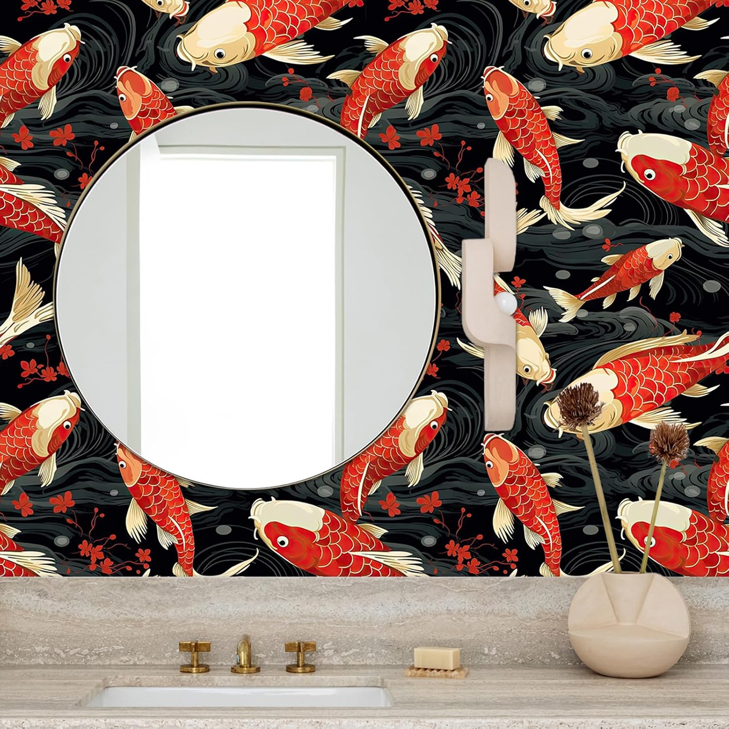 Fish Wallpaper Peel and Stick Self Adhesive Vivid Chinoiserie Dark Black Red Carp Vintage Watercolor Leaf Contact Paper Removable Waterproof for Bedroom Renter Friendly 17.71"x236.2"
