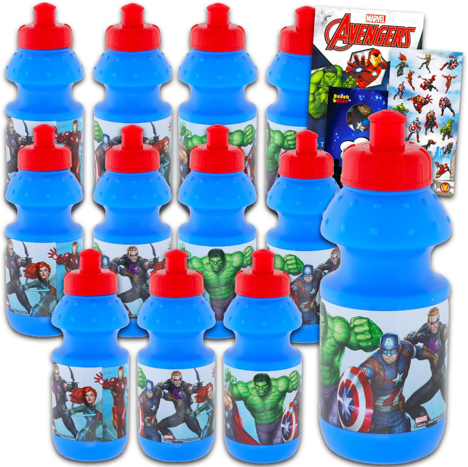 Avengers Reusable Water Bottles 11 Oz for Kids – Marvel Avengers Party Favor 12 Piece Bundle with 11 Oz Bottle with Pull Top Lid Plus Tattoos, Stickers for Boys | Bulk Avengers Water Bottles