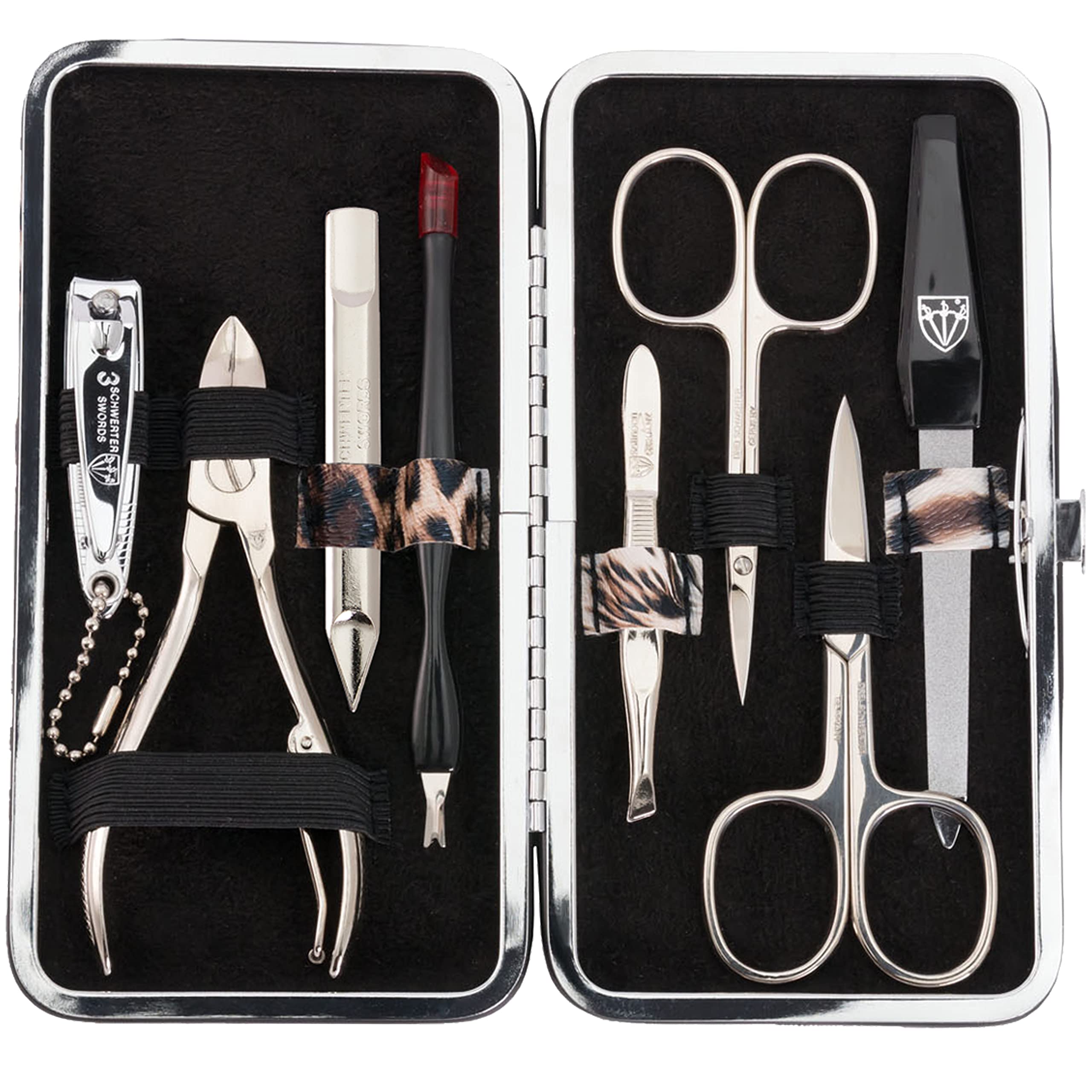 DREI SCHWERTER - Germany Maniküreset 'Sanremo' | Hochwertiges Nagelpflegeset, Etui aus Textil im Look Wildkatze | Inhalt: Nagelschere, Hautschere, Nagelzange, Saphirnagelfeile und vieles mehr!