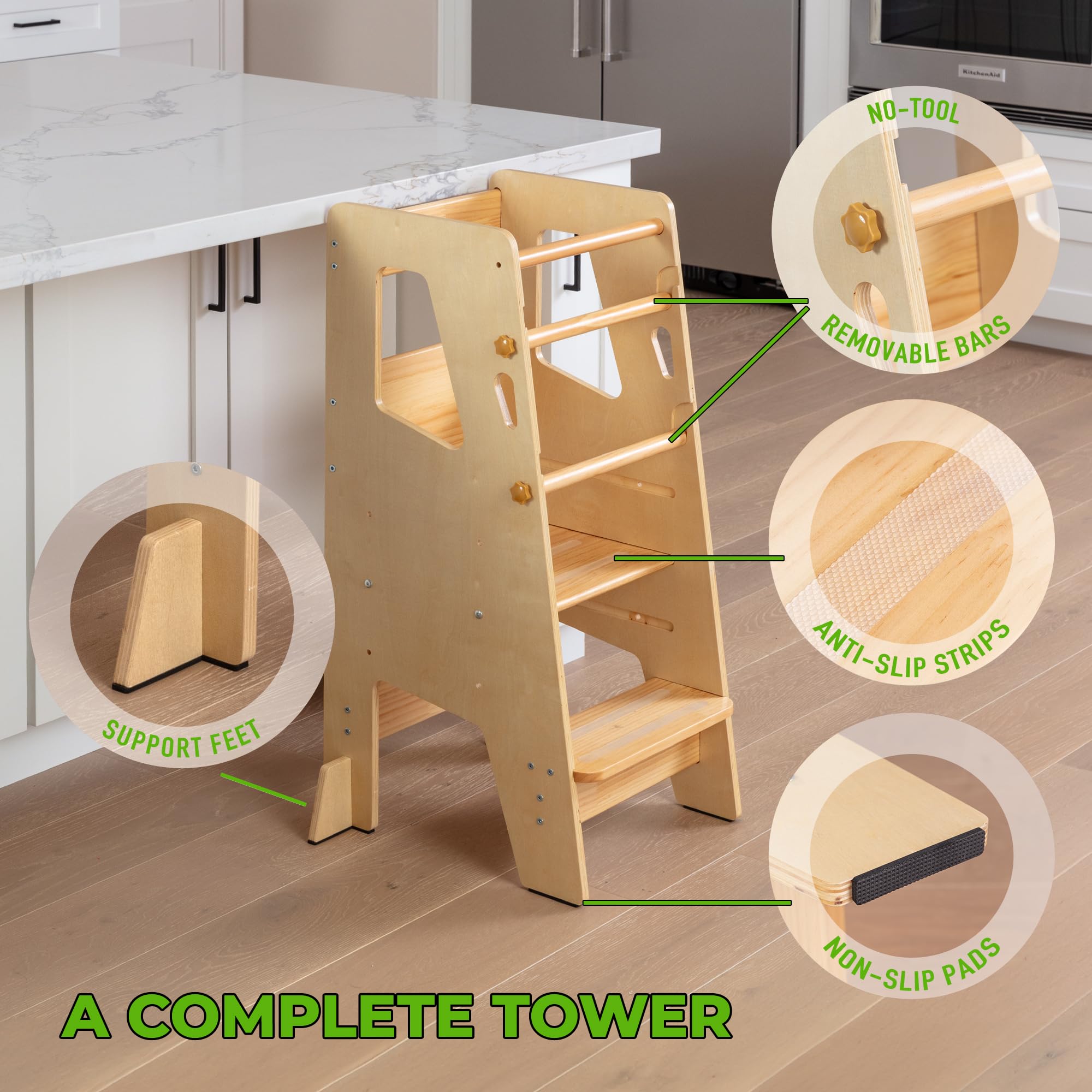 OCODILE Torre de pie para niños pequeños, altura ajustable, taburete de cocina ideal para aprender nuevas habilidades, extra seguro con patas de seguridad, barnizado