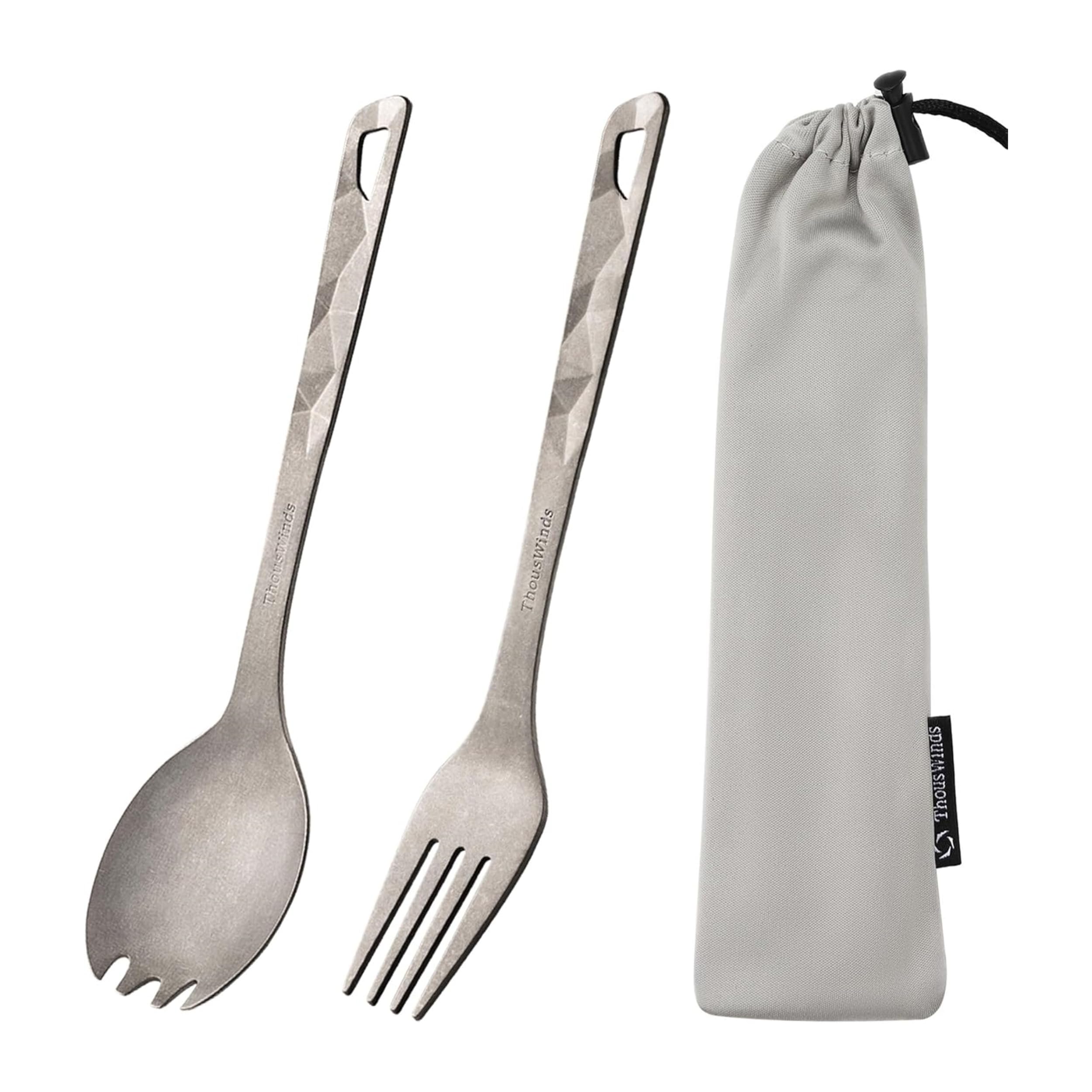 Thous Winds Titanium Spork and Fork Combo, Lightweight Camping Cutlery Set, Reusable Portable Outdoor Flatware for Backpacking Hiking Picnic, with Storage Bag