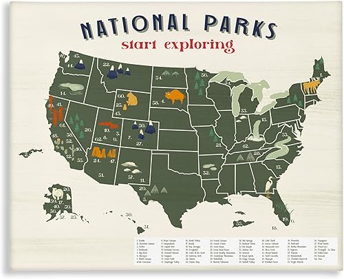 Stupell Industries Mapa de Parques Nacionales con llave numerada de Estados Unidos, diseñado por Daphne Polselli Canvas Wall Art, 36 x 48, verde