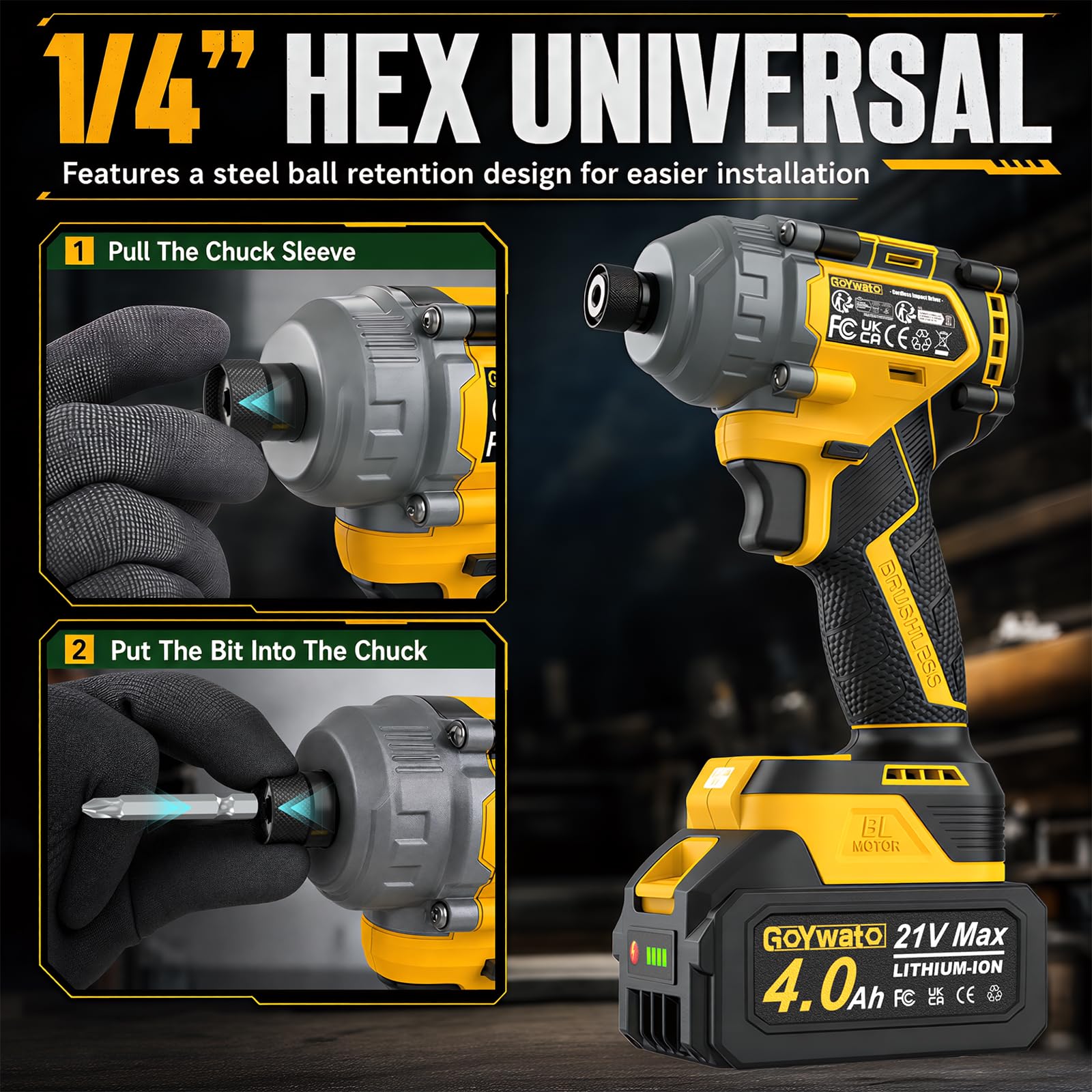 Avvitatore ad Impulsi 290 Nm, 21V Brushless Avvitatore a Impulsi, 1/4" Avvitatore a Percussione con 2 Batteria 4,0 Ah & 10 Punte & 14 Prese per Cacciavite Lavori di Serraggio Delle Viti, Giallo