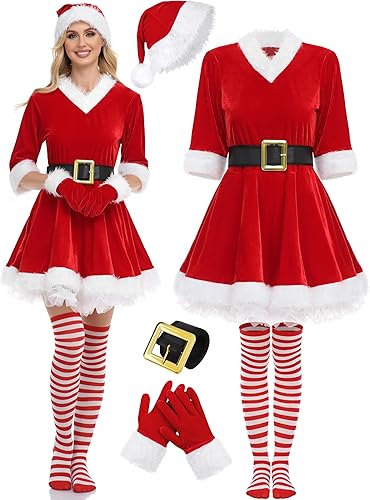 SOMSOC 5 Pack Vestido de terciopelo con cinturón para mujer, conjunto de disfraz de Sra. Claus de Navidad, calcetines altos de rodilla con rayas,