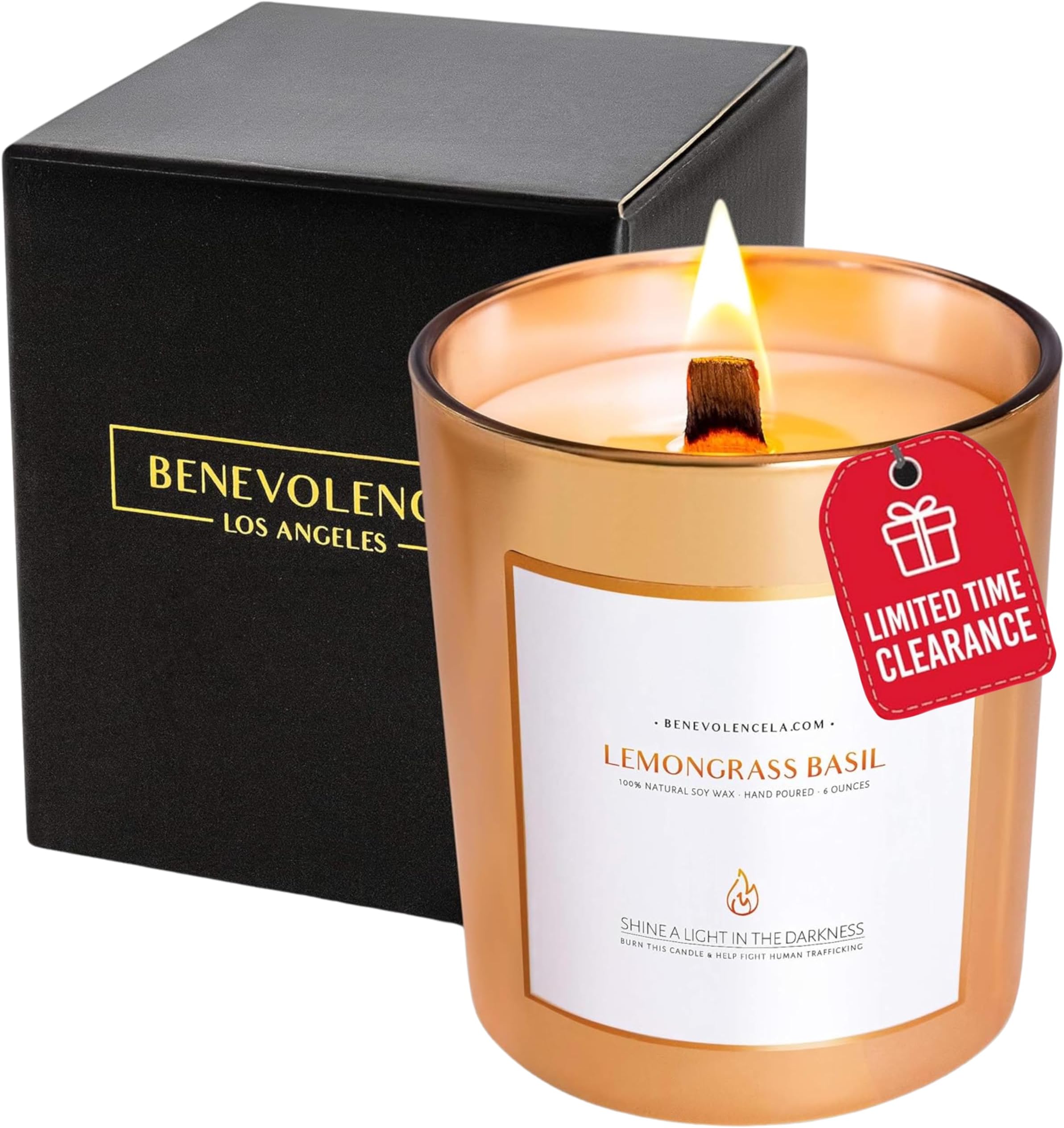 Benevolence LA Clearance Candles | Lemongrass & Basil Wood Wick Summer Candle for Home - Scented Soy Candles | Aromatherapy Gold Candle, Gifts for Men and Women, Jar Candle Small - 6 oz