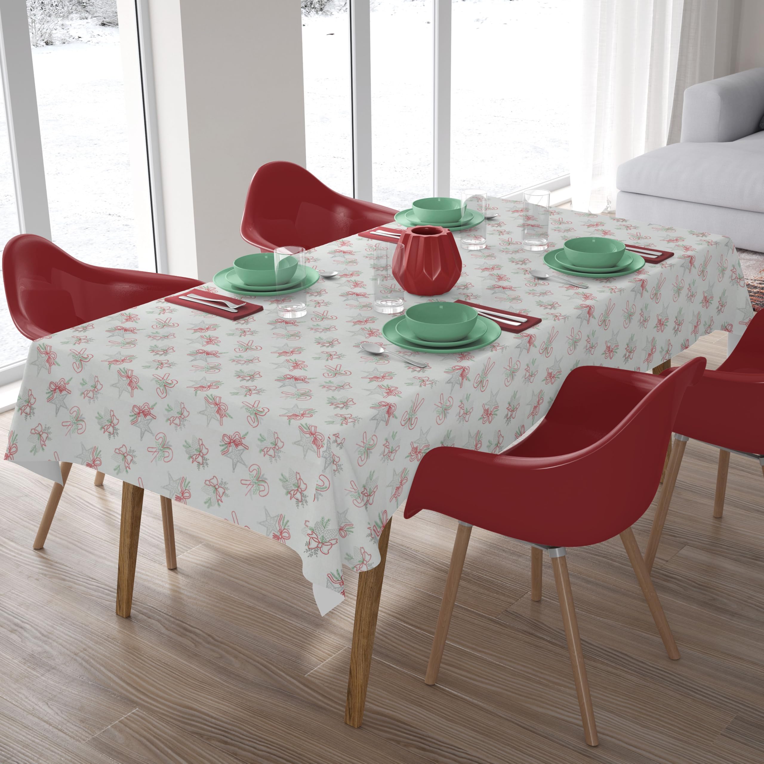 HOME COLORS.IN Cotton Coquette Christmas Star Candy Cane Bow Print 6 Seater Table Cloth - Thick & Durable - Premium Dining Round Table Cover - 54 x 84 Inch - Multi