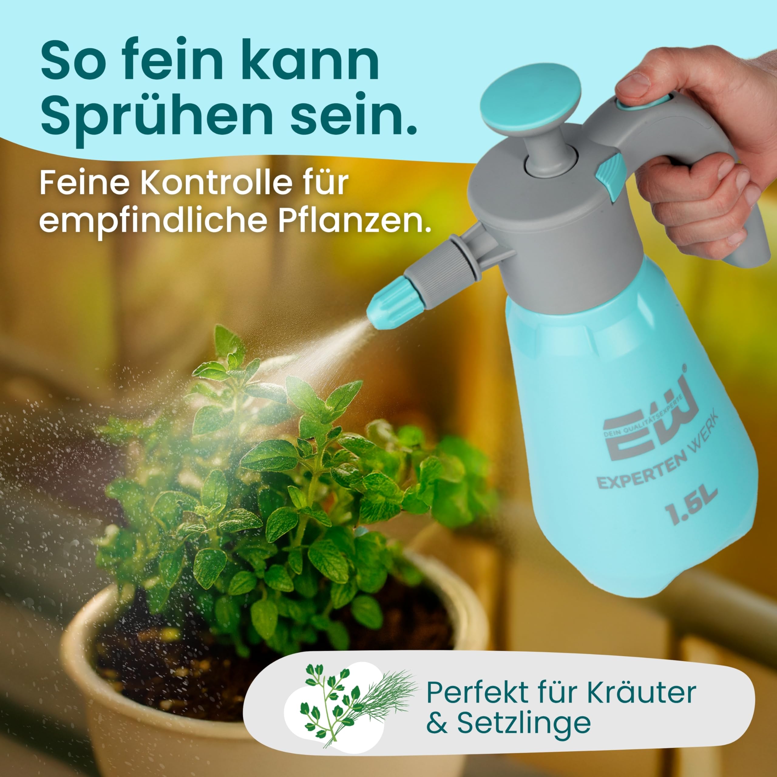 ExpertenWerk Drucksprüher 1,5L für Blumen Pflanzen Balkon & Zimmerpflanzen – Auslaufsichere Pumpsprühflasche Gartenspritze Pflanzensprüher mit Verstellbarer Düse, feinem Sprühnebel & Überdruckventil