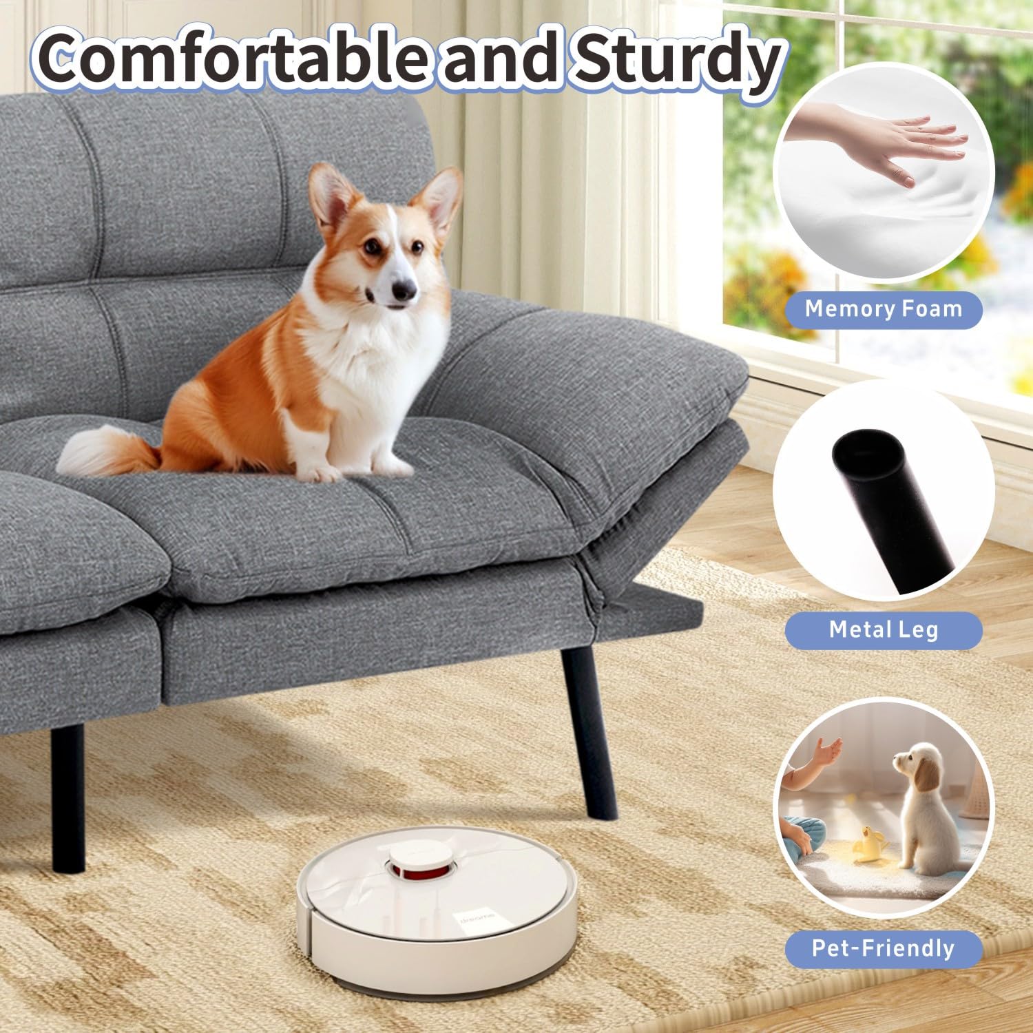MUUEGM Futon Sofa Bed Memory Foam Futons Modern Office Couch Sleeper Bed Convertible Love seat Sofa for Small Spaces,Apartment,Office with Adjustable Armrest Backrest