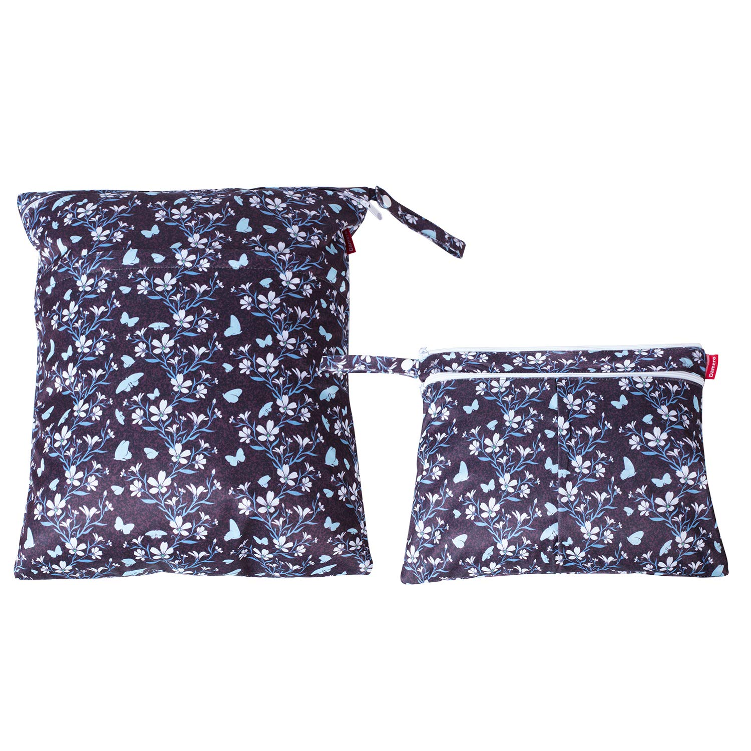 Damero 2Pcs Wet Dry Bag for Cloth Diaper, Swimsuit, Clothes, Ideal for Travel, Exercise, Daycare, Roomy and Water-Resistant(Butterflies and Flowers)