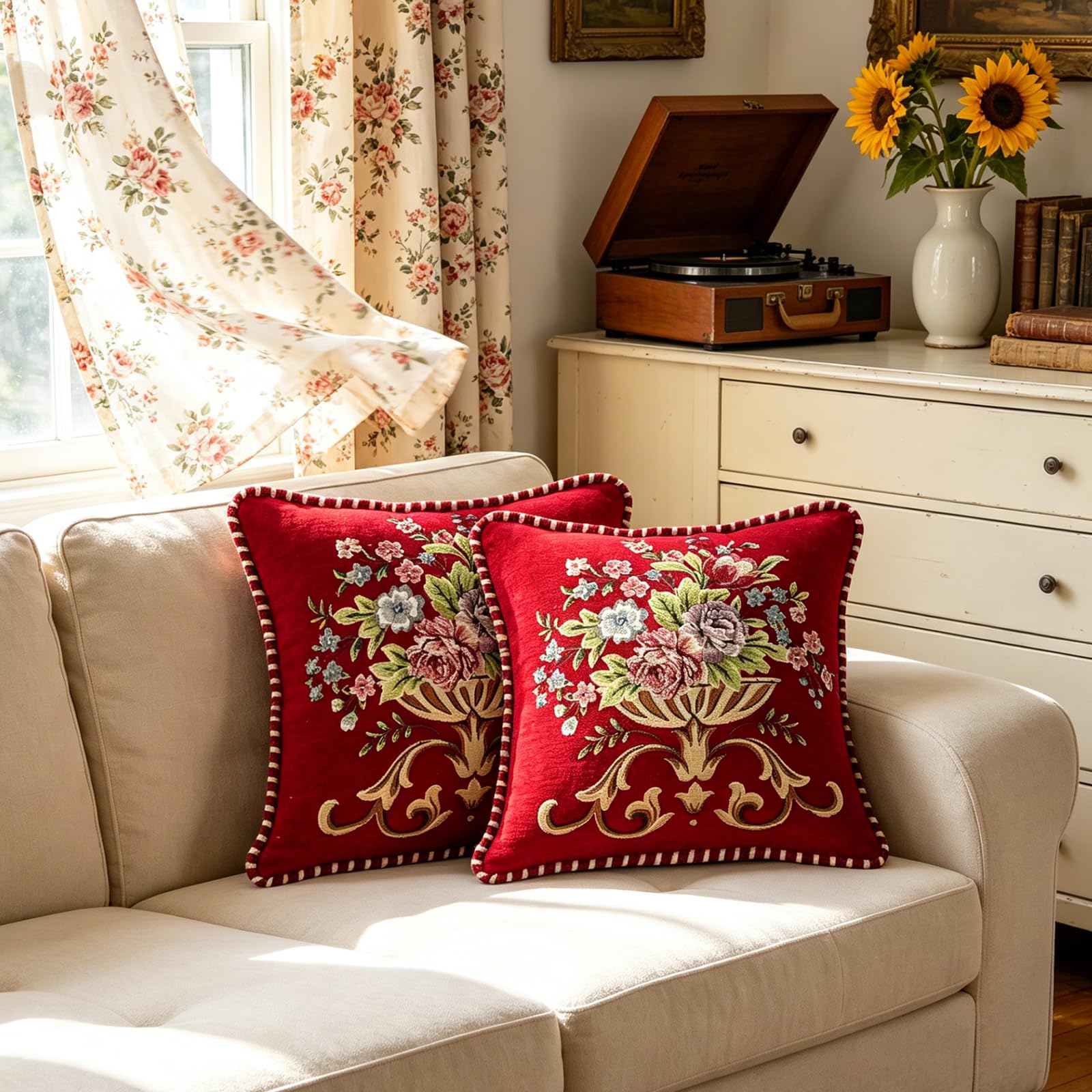 Qupace Set of 2 Red Vintage Embroidered Throw Pillows Covers